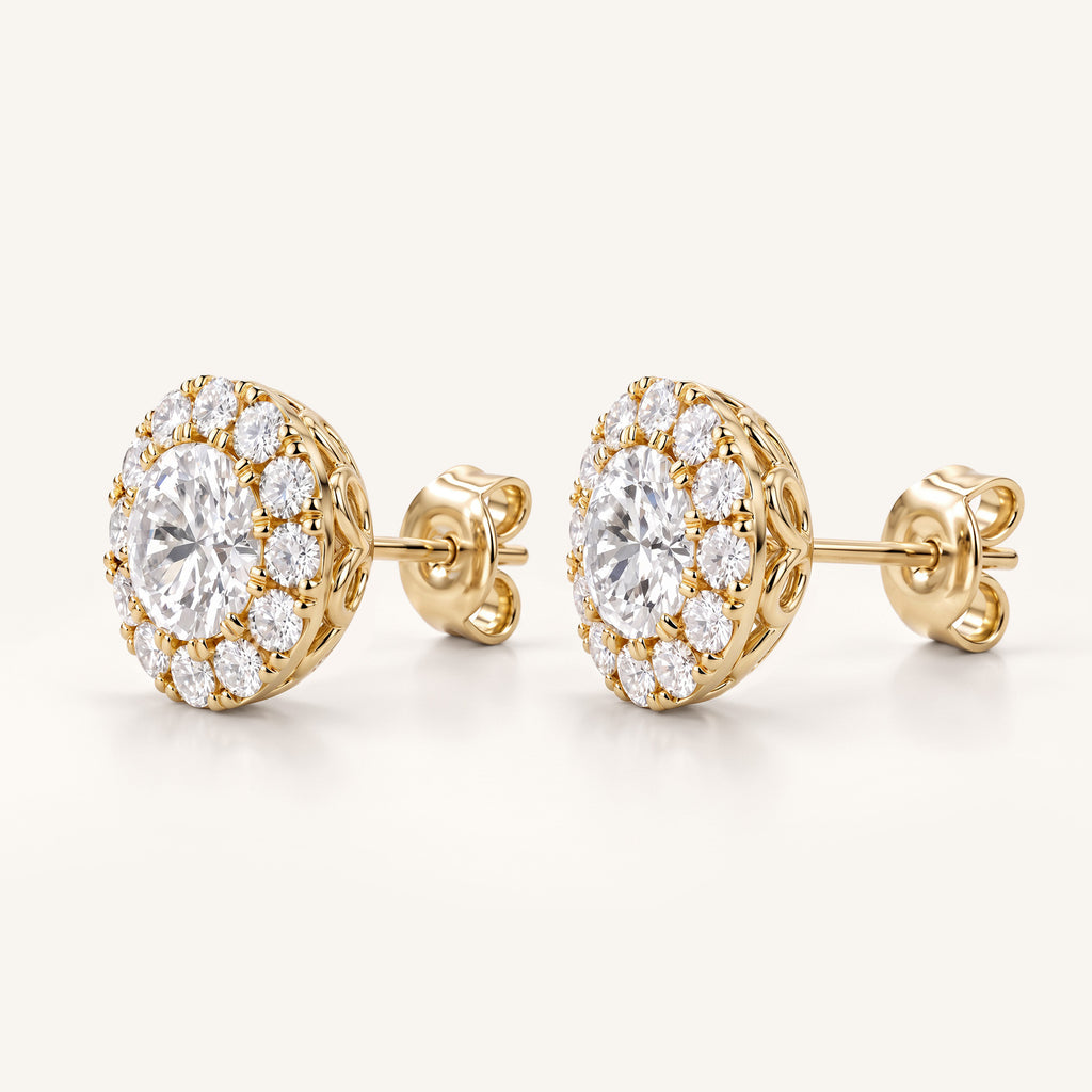 Round Halo Lab-Grown Diamond Stud Earrings in yellow gold, view 3 | MET-RE-0022-M05