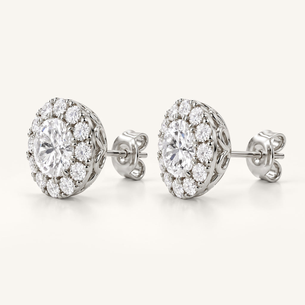 Round Halo Lab-Grown Diamond Stud Earrings in white gold, view 3 | MET-RE-0022-M08