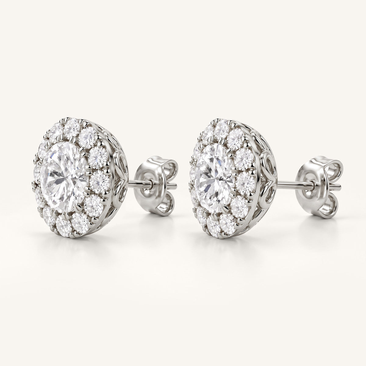 Round Halo Lab-Grown Diamond Stud Earrings in white gold, view 3 | MET-RE-0022-M08