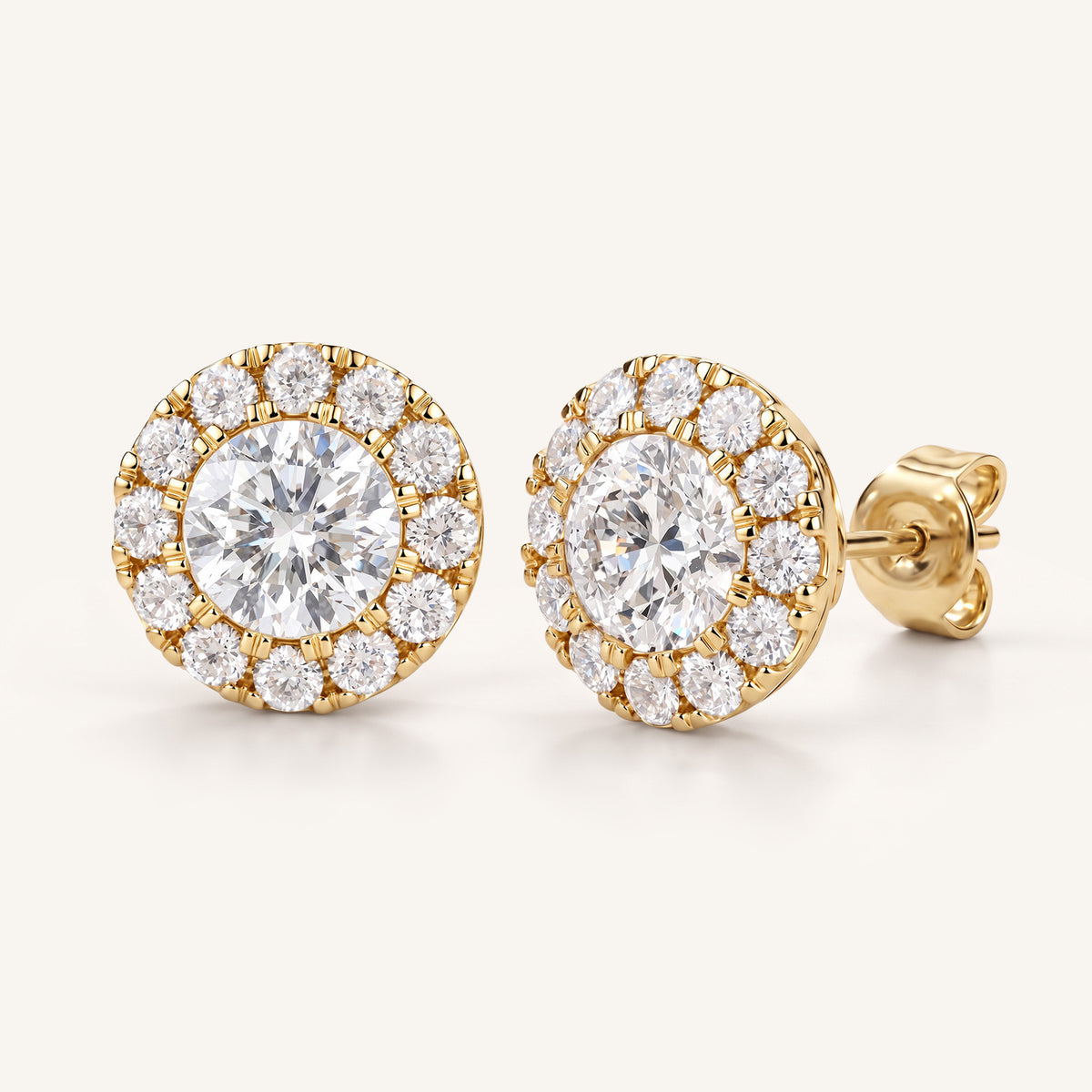 Round Halo Lab-Grown Diamond Stud Earrings in yellow gold, view 1 | MET-RE-0022-M09