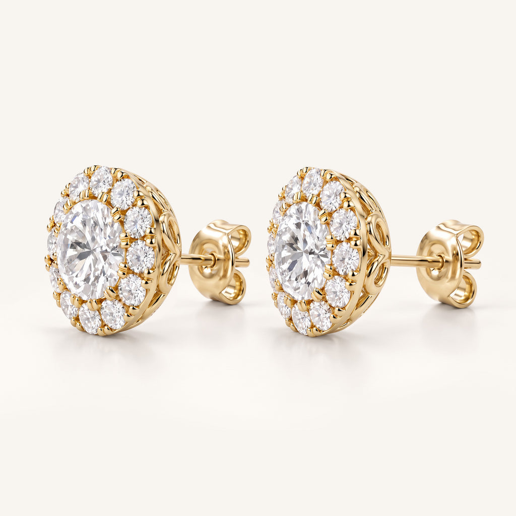 Round Halo Lab-Grown Diamond Stud Earrings in yellow gold, view 3 | MET-RE-0022-M10