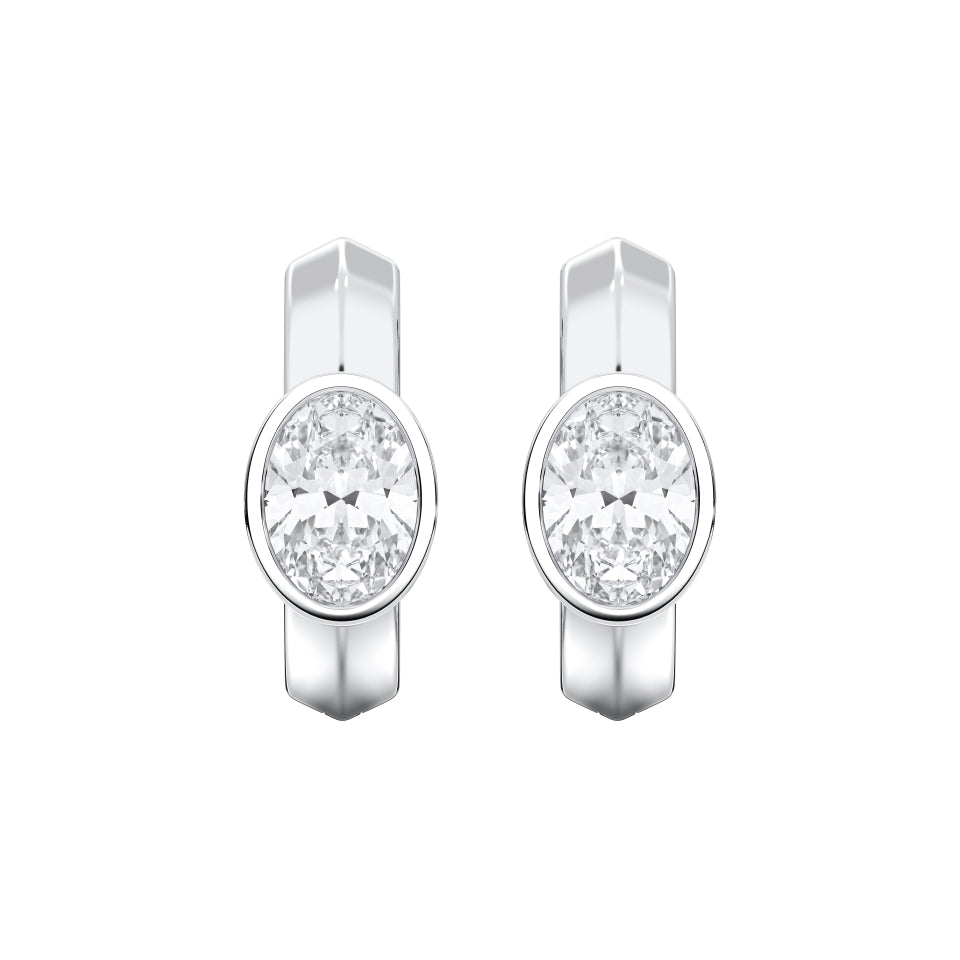 Oval Bezel-Set Lab-Grown Diamond Huggie Hoop Earrings in white gold, view 1 | MET-RE-0024-M01