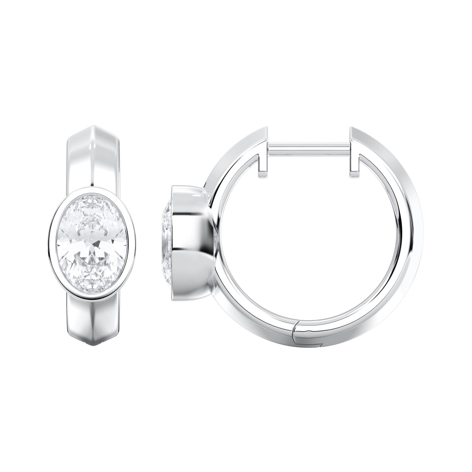 Oval Bezel-Set Lab-Grown Diamond Huggie Hoop Earrings in white gold, view 2 | MET-RE-0024-M02
