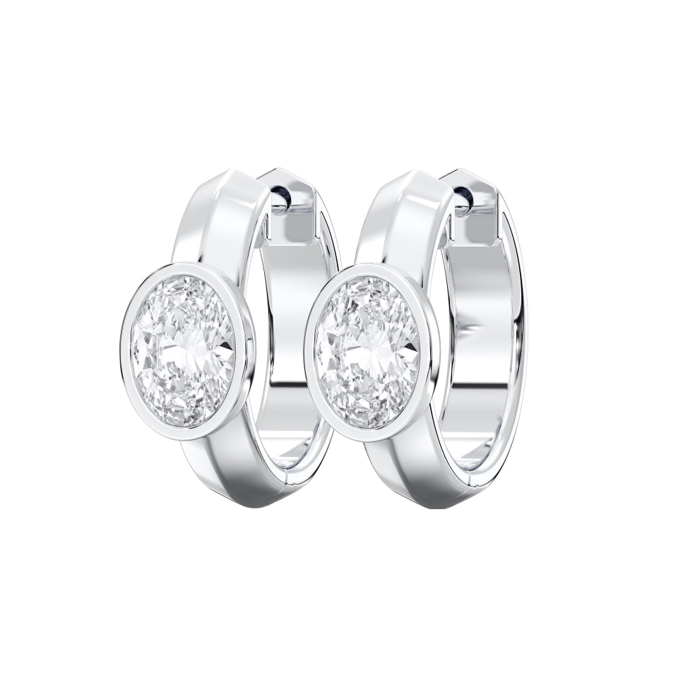 Oval Bezel-Set Lab-Grown Diamond Huggie Hoop Earrings in white gold, view 3 | MET-RE-0024-M03