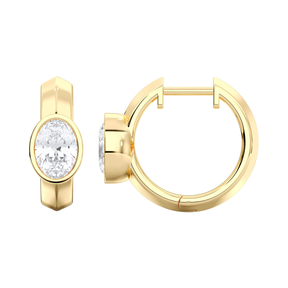 Oval Bezel-Set Lab-Grown Diamond Huggie Hoop Earrings in yellow gold, view 2 | MET-RE-0024-M06