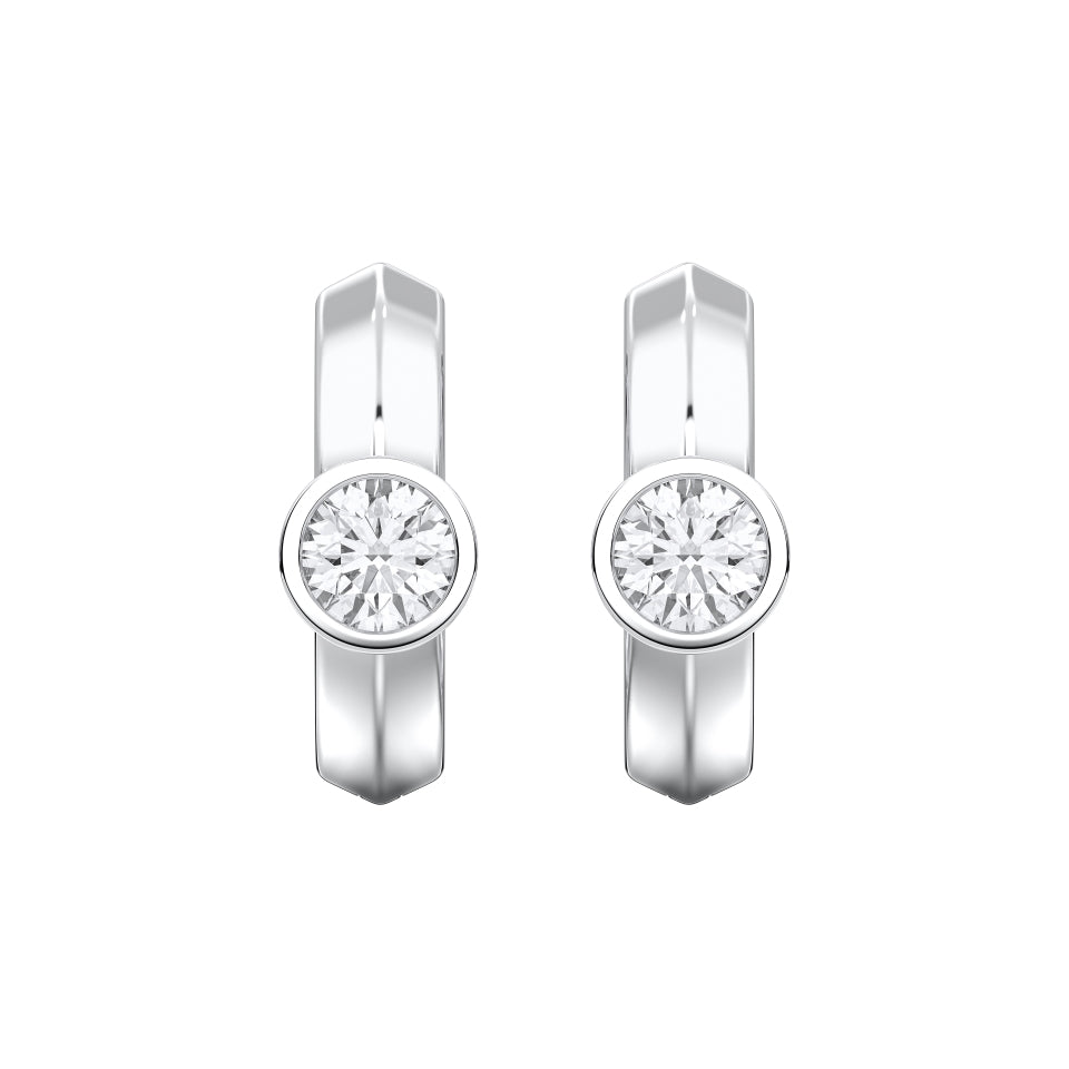 Round Bezel-Set Lab-Grown Diamond Huggie Hoop Earrings in white gold, view 1 | MET-RE-0025-M01