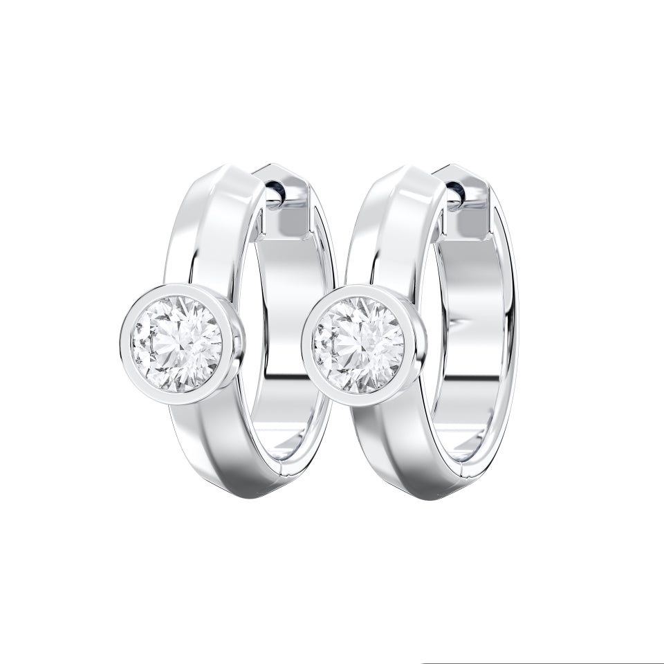 Round Bezel-Set Lab-Grown Diamond Huggie Hoop Earrings in white gold, view 2 | MET-RE-0025-M02