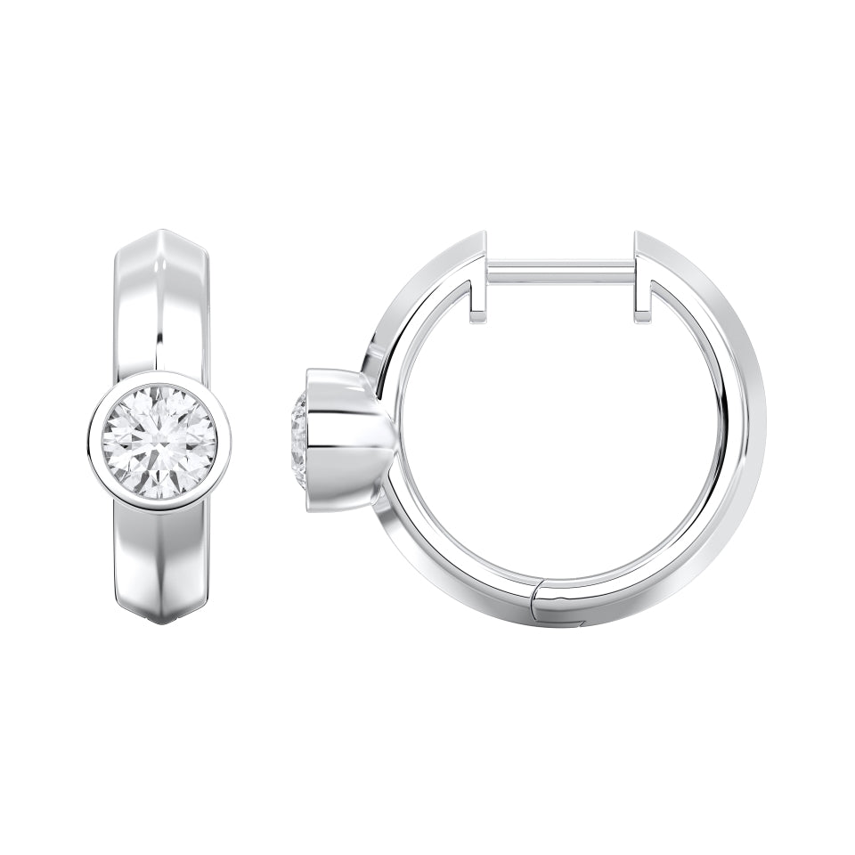 Round Bezel-Set Lab-Grown Diamond Huggie Hoop Earrings in white gold, view 3 | MET-RE-0025-M03