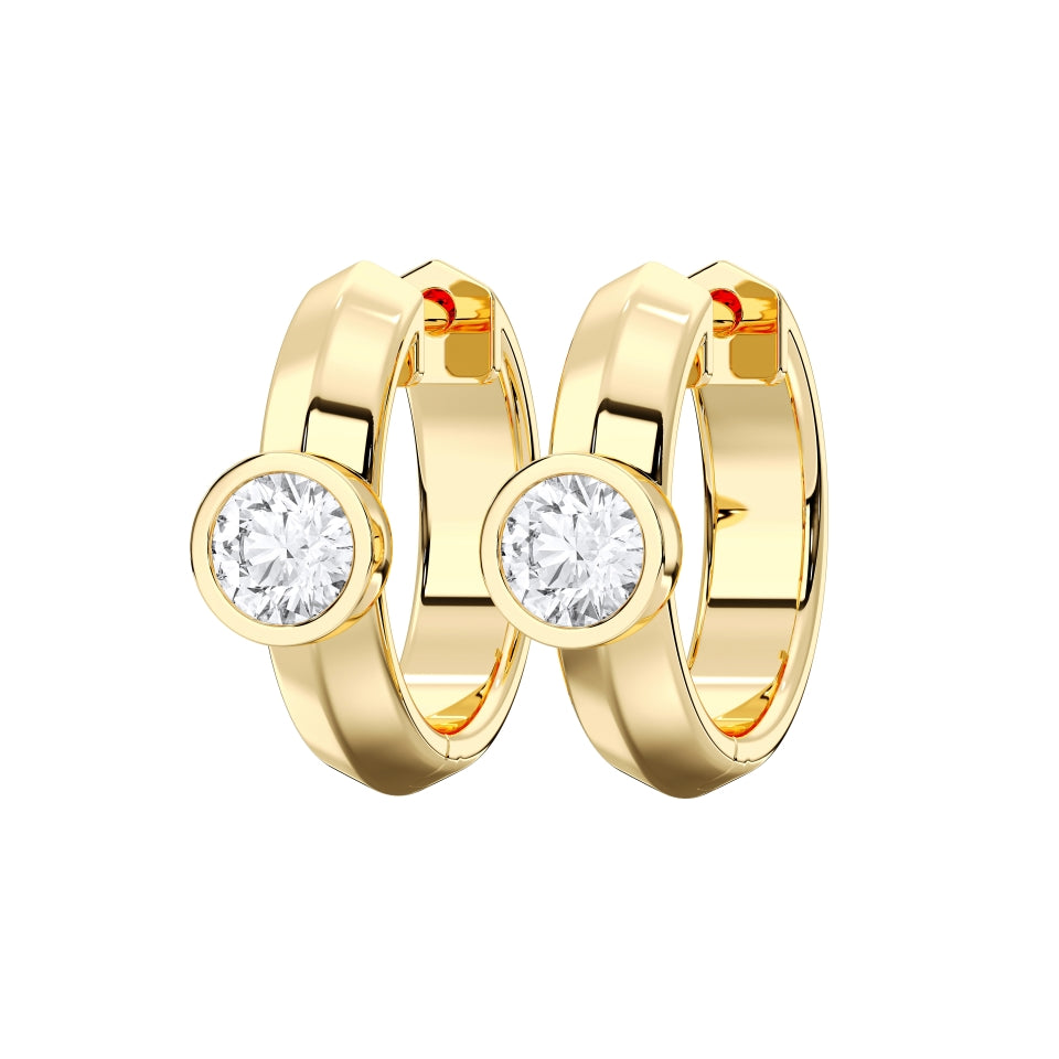 Round Bezel-Set Lab-Grown Diamond Huggie Hoop Earrings in yellow gold, view 2 | MET-RE-0025-M06