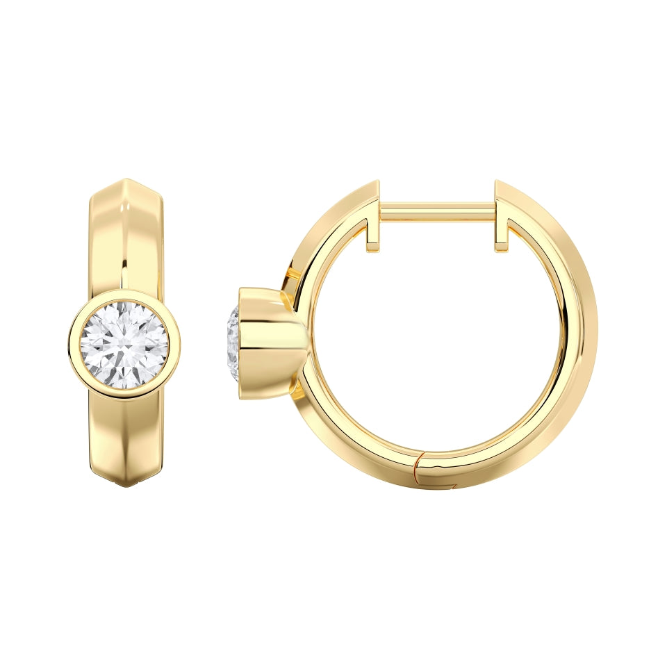 Round Bezel-Set Lab-Grown Diamond Huggie Hoop Earrings in yellow gold, view 3 | MET-RE-0025-M07