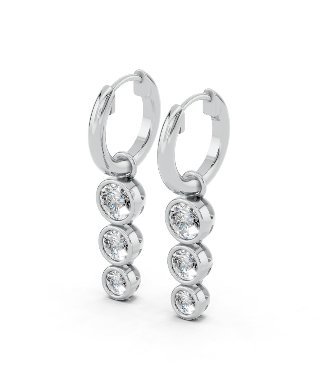 Triple Bezel Lab-Grown Diamond Dangle Huggie Earrings in white gold, view 1 | E040-M01