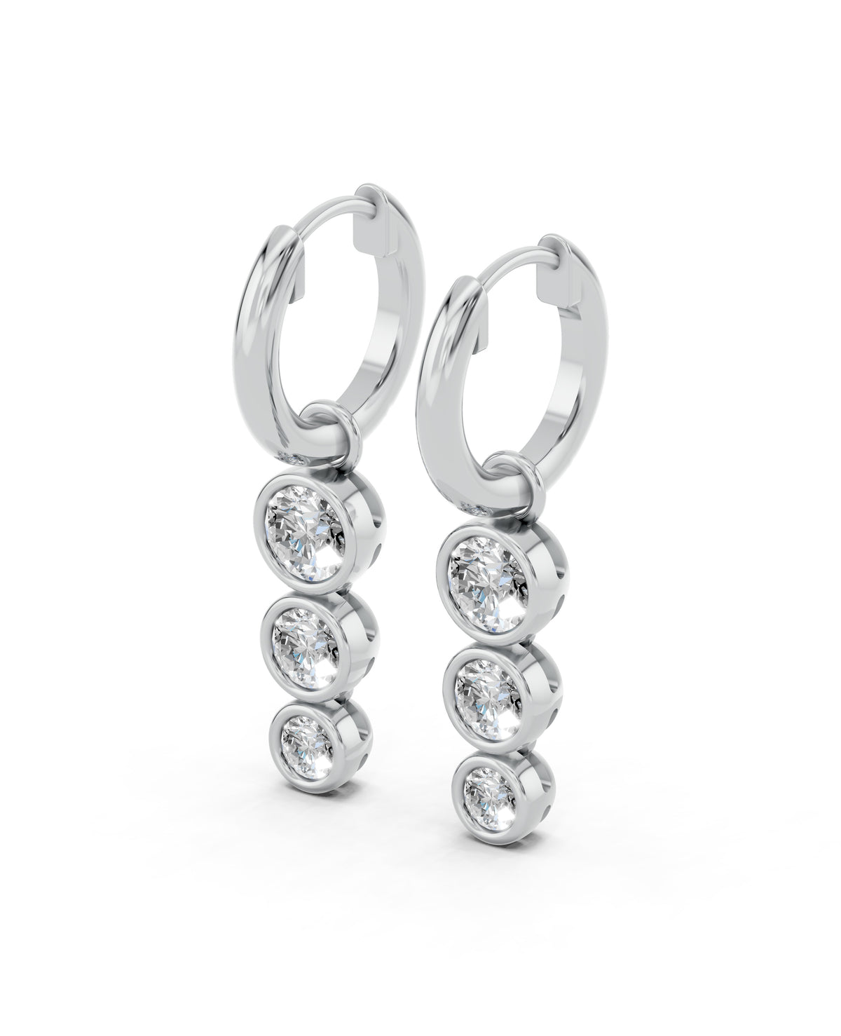 Triple Bezel Lab-Grown Diamond Dangle Huggie Earrings in white gold, view 1 | E040-M01