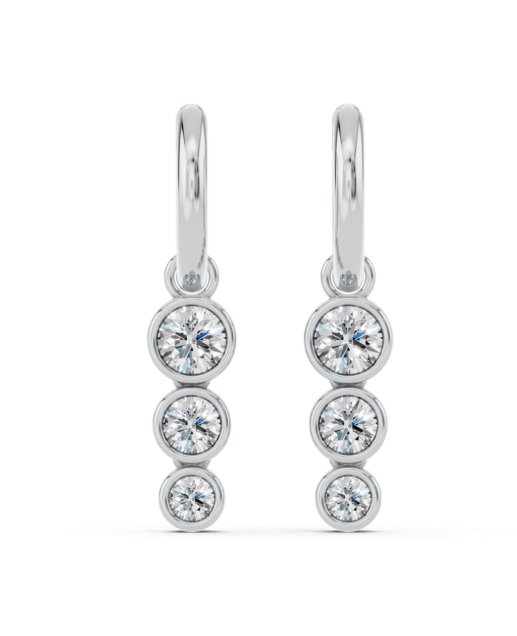 Triple Bezel Lab-Grown Diamond Dangle Huggie Earrings in white gold, view 2 | E040-M02