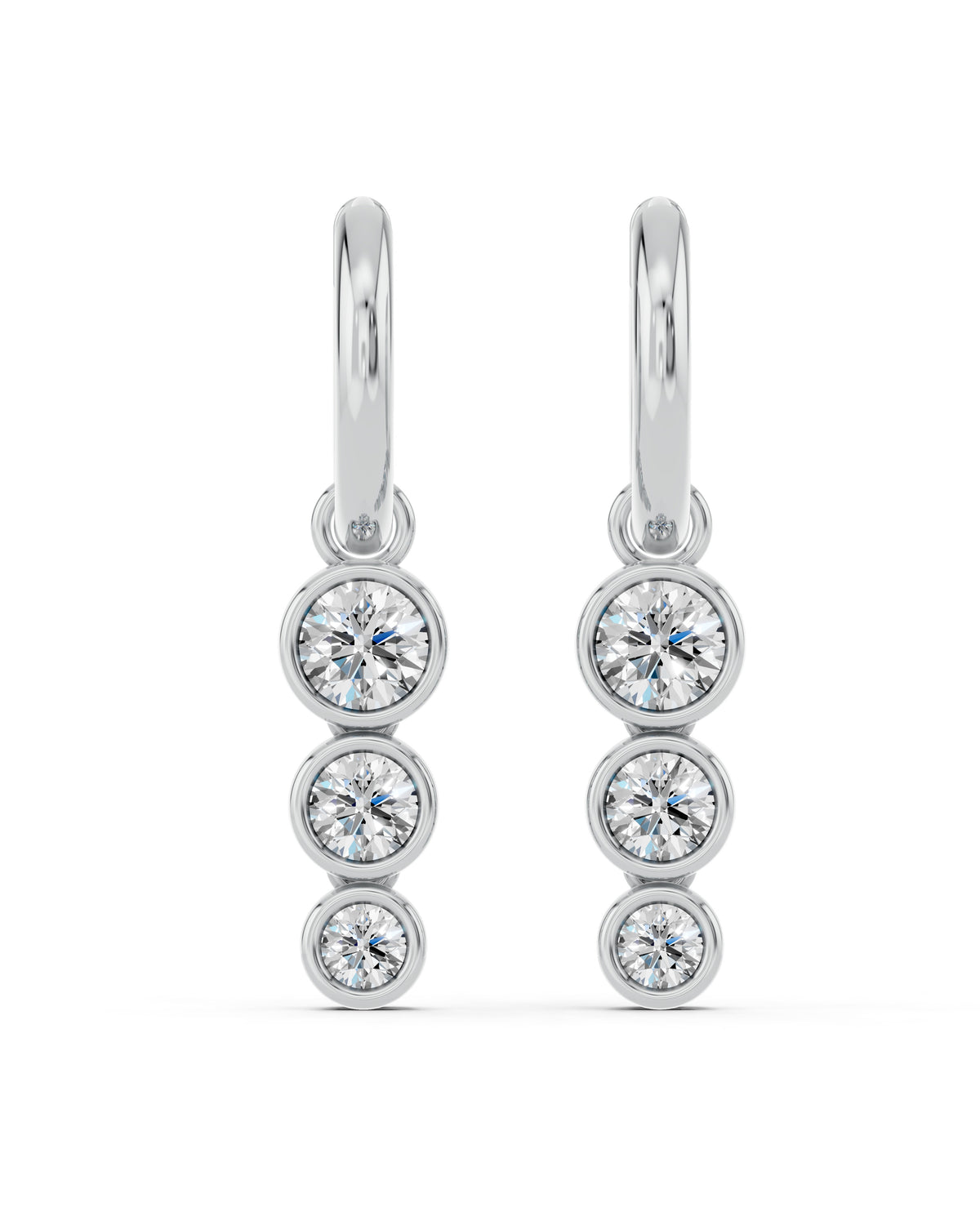 Triple Bezel Lab-Grown Diamond Dangle Huggie Earrings in white gold, view 2 | E040-M02