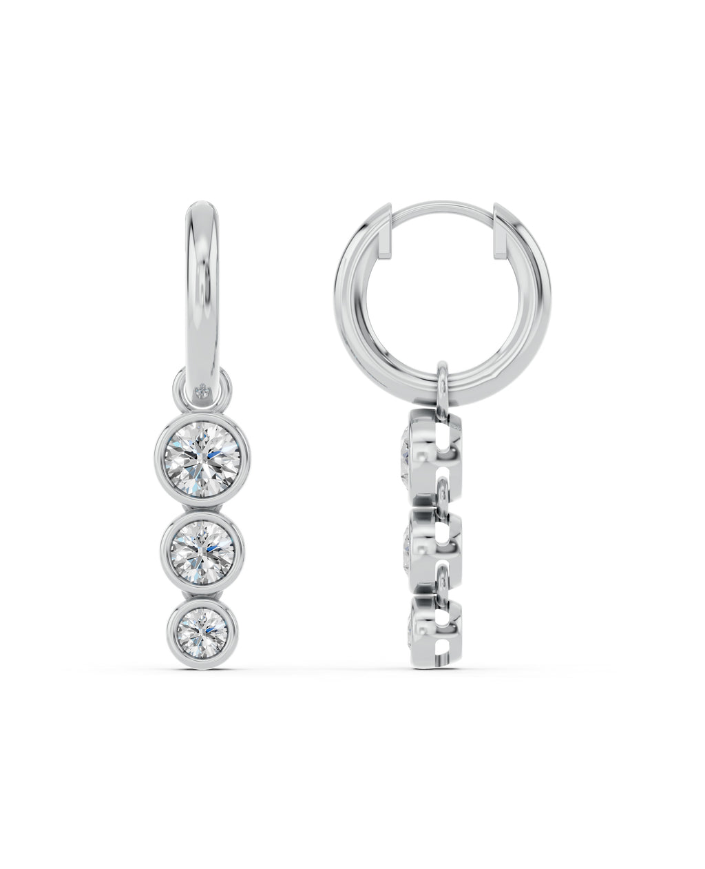 Triple Bezel Lab-Grown Diamond Dangle Huggie Earrings in white gold, view 3 | E040-M03