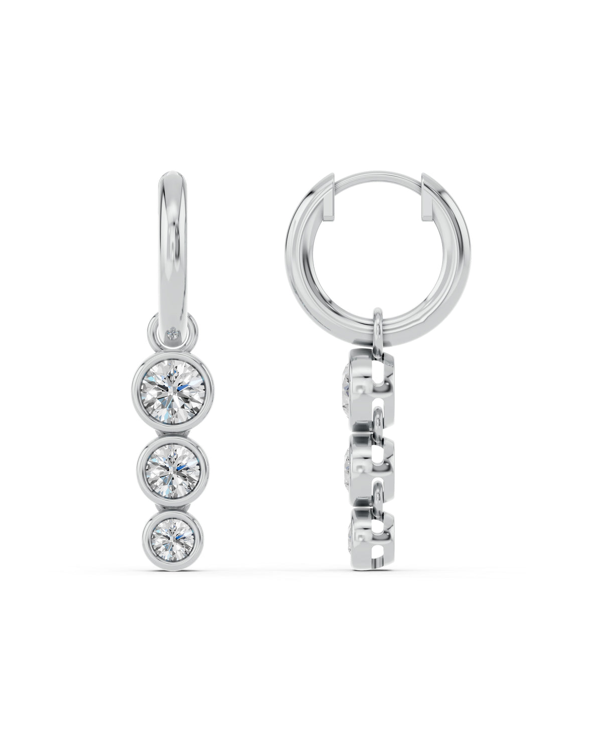 Triple Bezel Lab-Grown Diamond Dangle Huggie Earrings in white gold, view 3 | E040-M03