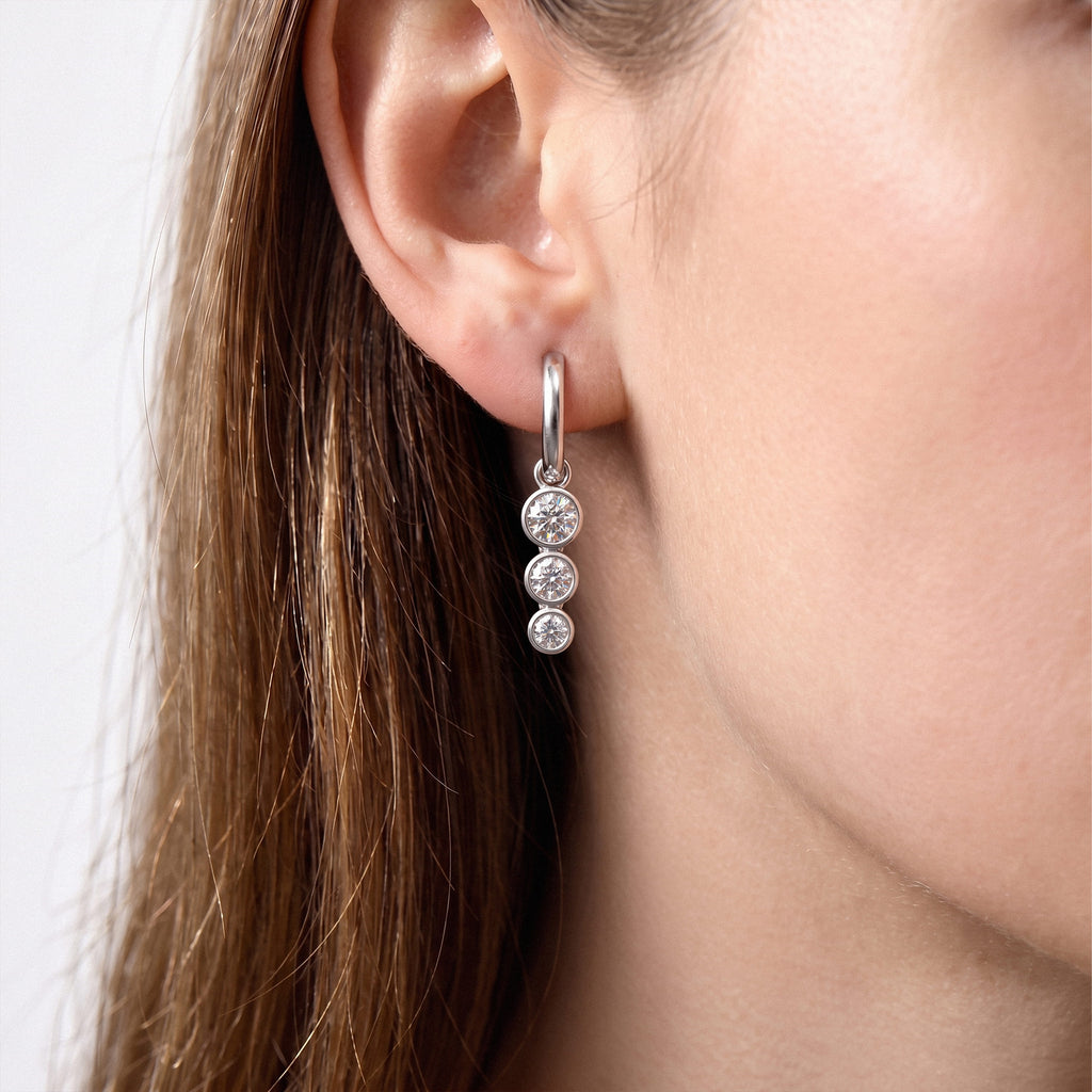 Triple Bezel Lab-Grown Diamond Dangle Huggie Earrings worn for styling | E040-M04