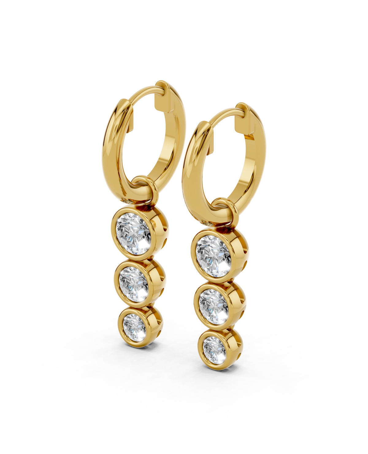 Triple Bezel Lab-Grown Diamond Dangle Huggie Earrings in yellow gold, view 1 | E040-M05