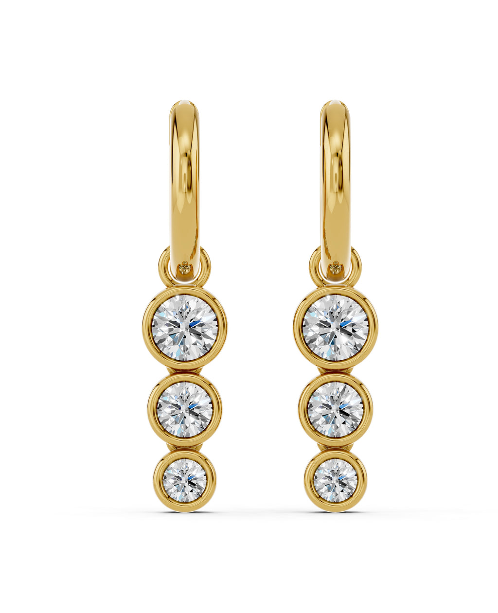 Triple Bezel Lab-Grown Diamond Dangle Huggie Earrings in yellow gold, view 2 | E040-M06