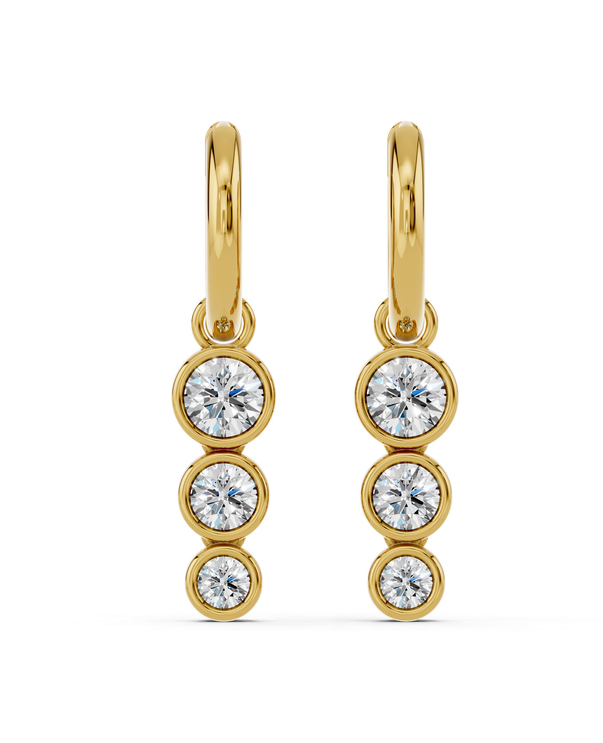 Triple Bezel Lab-Grown Diamond Dangle Huggie Earrings in yellow gold, view 2 | E040-M06