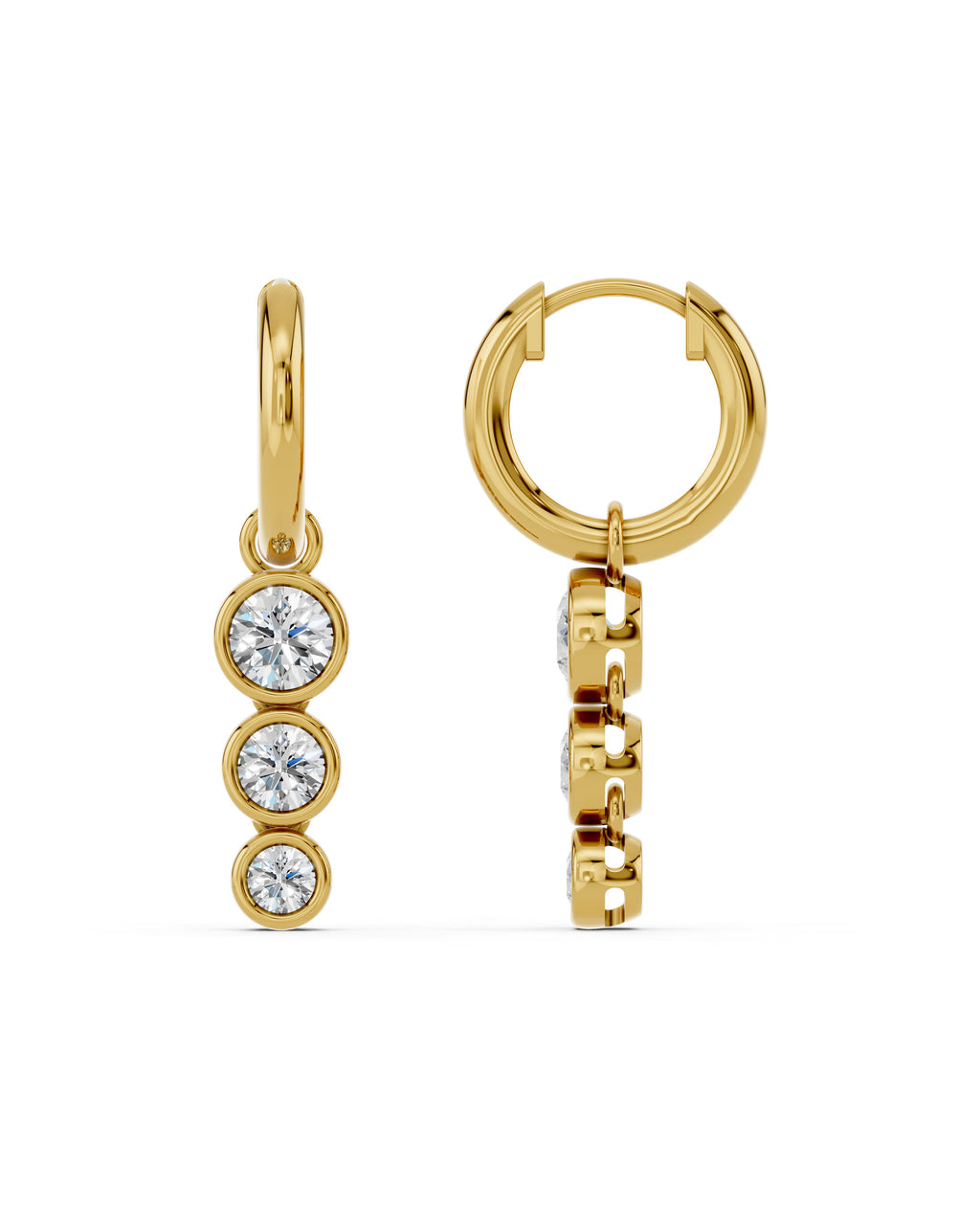 Triple Bezel Lab-Grown Diamond Dangle Huggie Earrings in yellow gold, view 3 | E040-M07