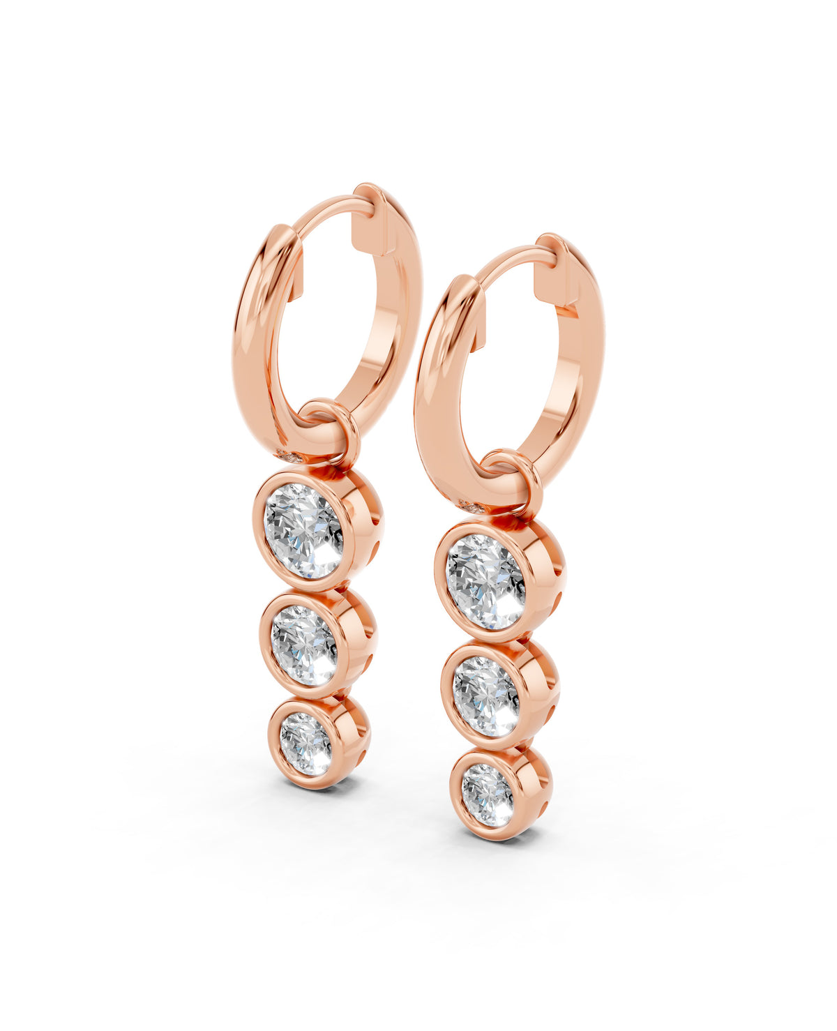 Triple Bezel Lab-Grown Diamond Dangle Huggie Earrings in rose gold, view 1 | E040-M08