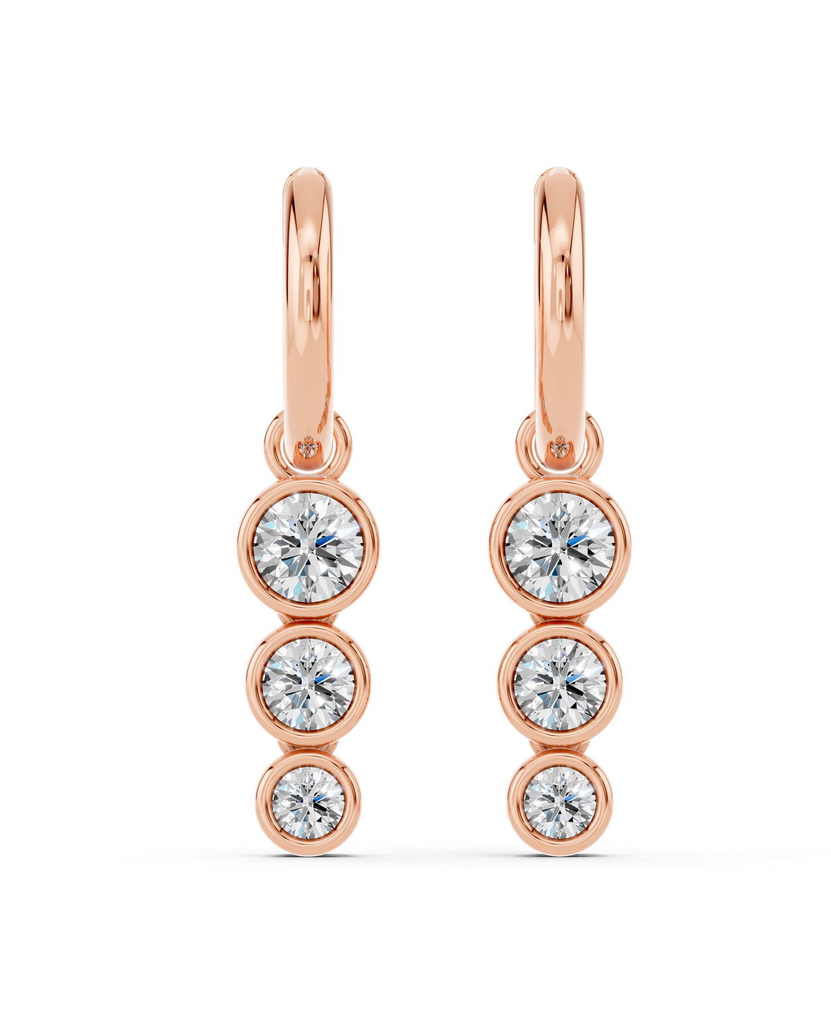 Triple Bezel Lab-Grown Diamond Dangle Huggie Earrings in rose gold, view 2 | E040-M09