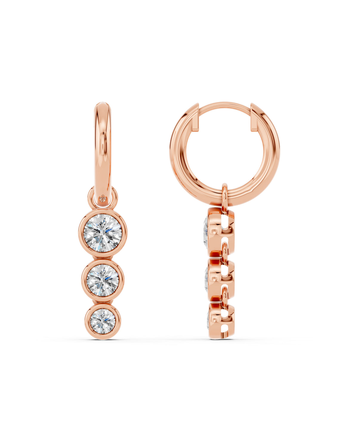 Triple Bezel Lab-Grown Diamond Dangle Huggie Earrings in rose gold, view 3 | E040-M10