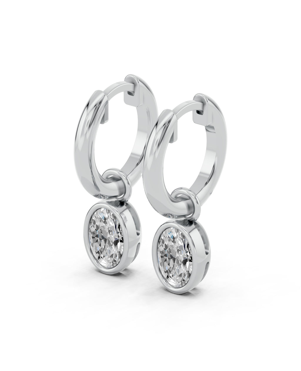 Oval Bezel Lab-Grown Diamond Dangle Huggie Earrings in white gold, view 1 | E041-M01