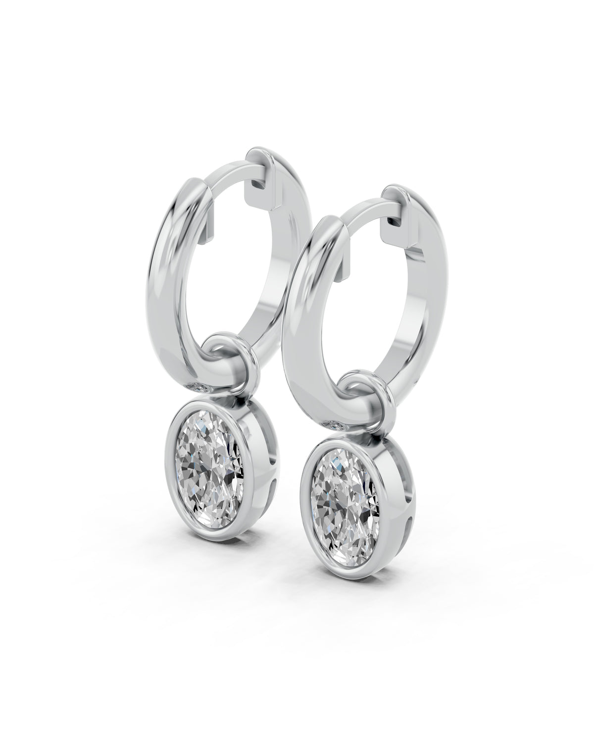Oval Bezel Lab-Grown Diamond Dangle Huggie Earrings in white gold, view 1 | E041-M01