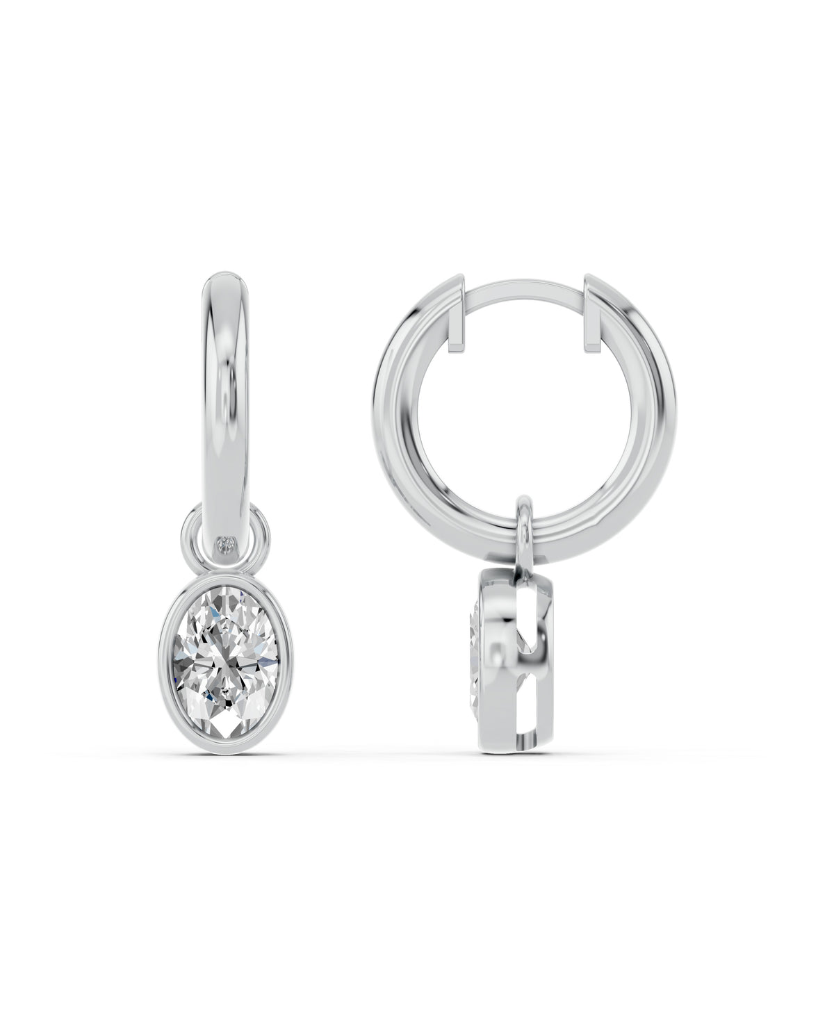 Oval Bezel Lab-Grown Diamond Dangle Huggie Earrings in white gold, view 3 | E041-M03