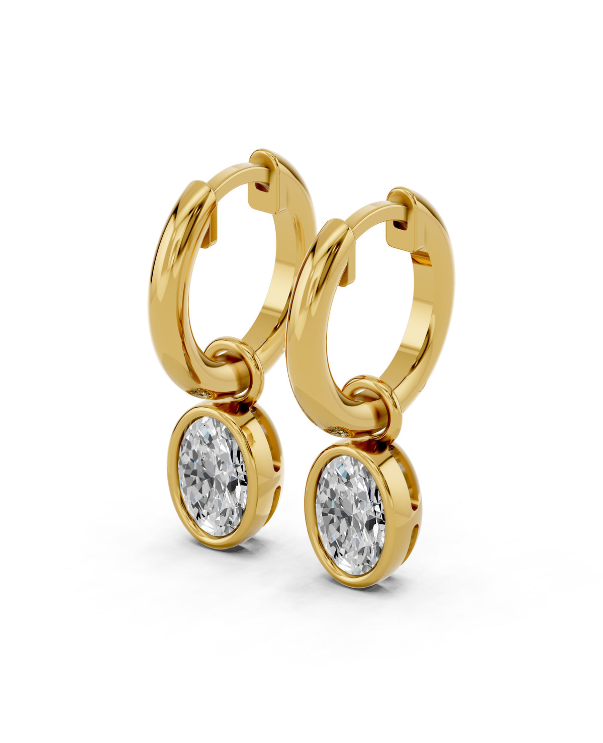 Oval Bezel Lab-Grown Diamond Dangle Huggie Earrings in yellow gold, view 1 | E041-M05