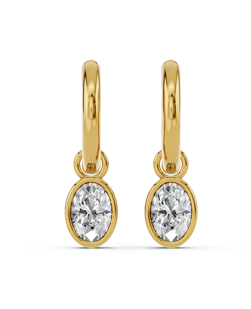 Oval Bezel Lab-Grown Diamond Dangle Huggie Earrings in yellow gold, view 2 | E041-M06