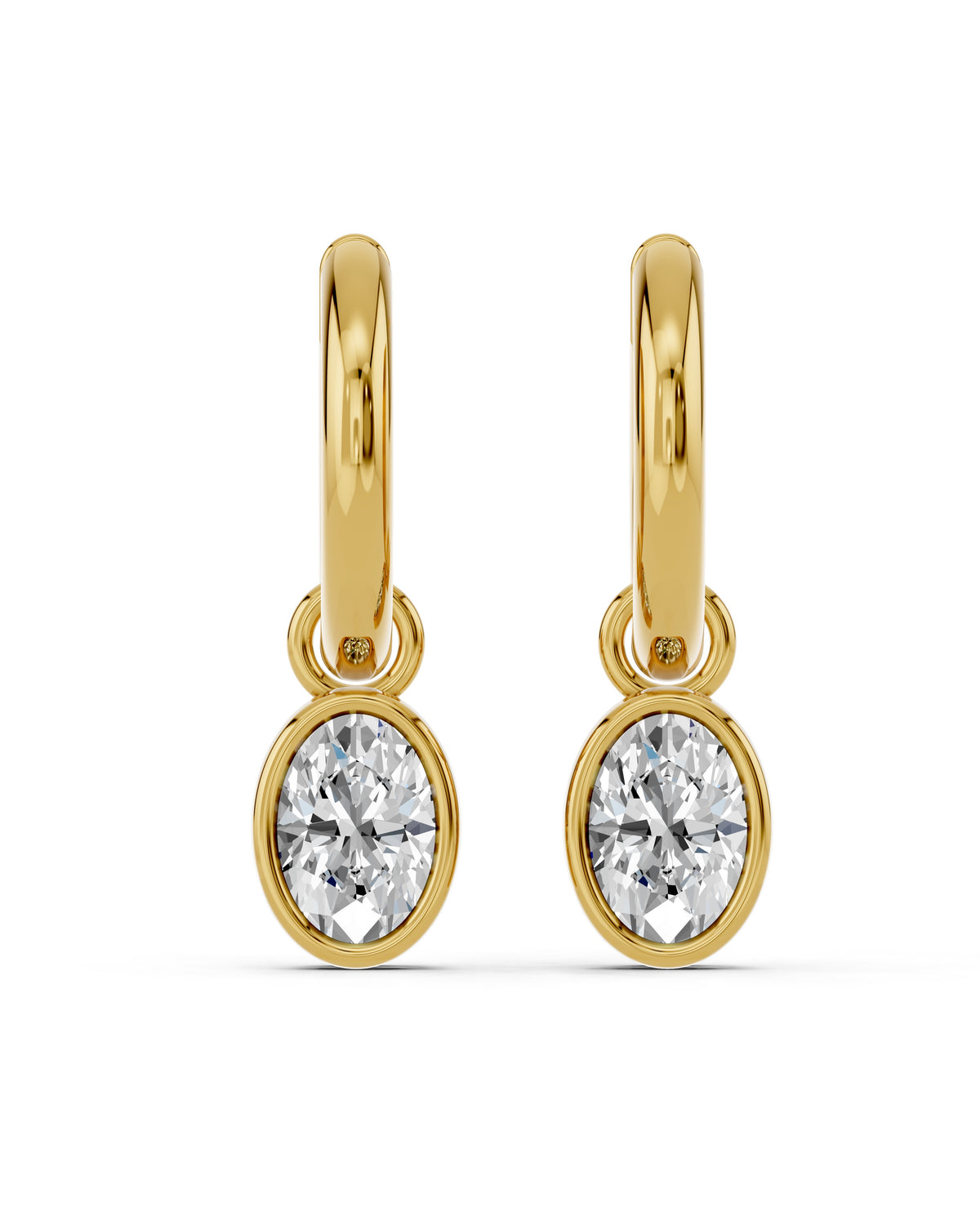 Oval Bezel Lab-Grown Diamond Dangle Huggie Earrings in yellow gold, view 2 | E041-M06