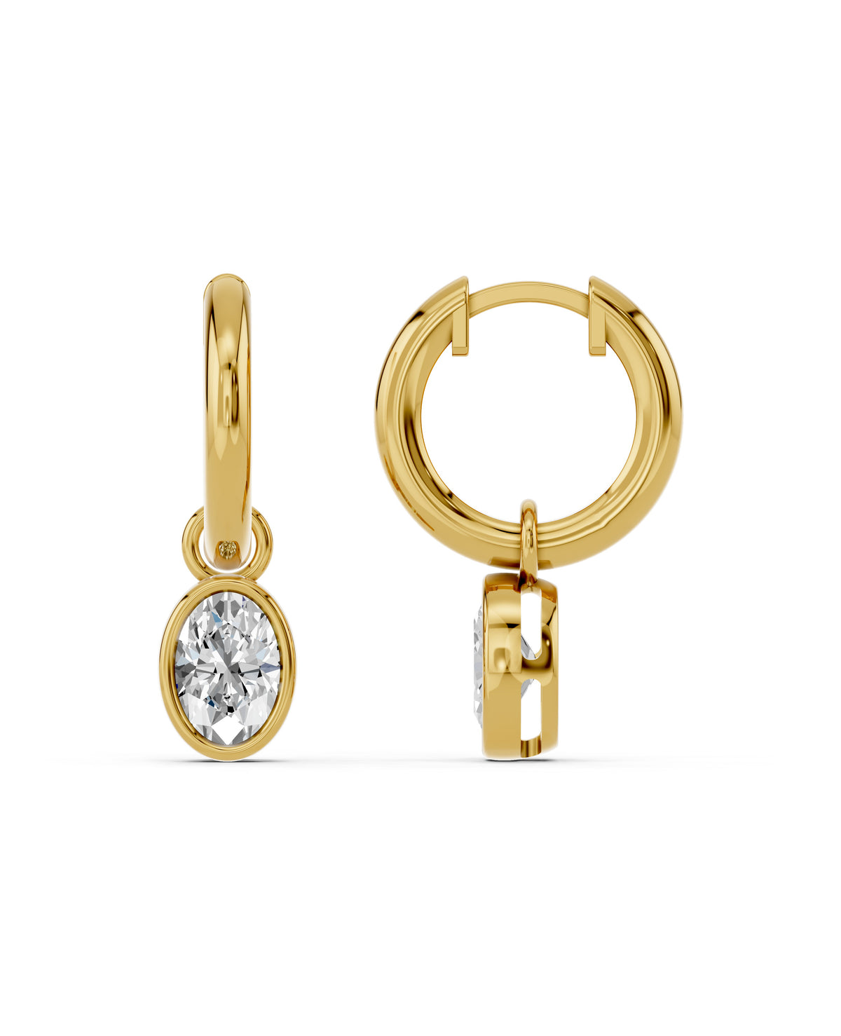 Oval Bezel Lab-Grown Diamond Dangle Huggie Earrings in yellow gold, view 3 | E041-M07