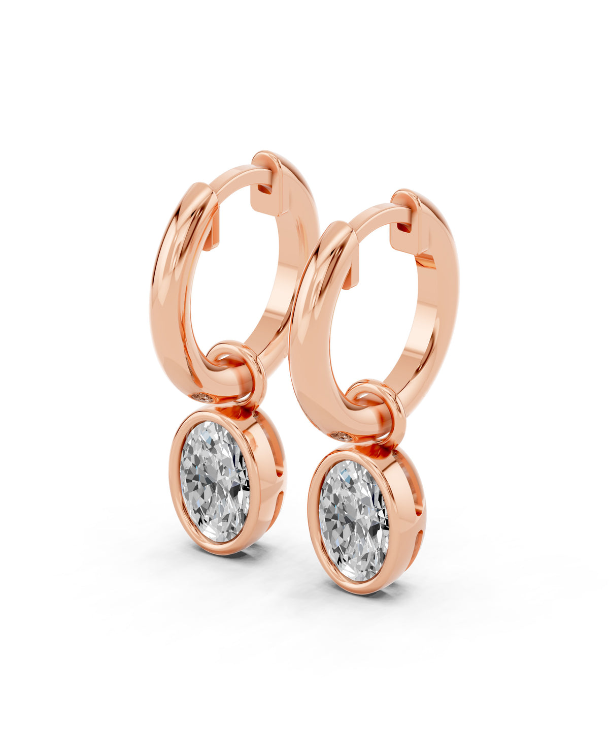 Oval Bezel Lab-Grown Diamond Dangle Huggie Earrings in rose gold, view 1 | E041-M08