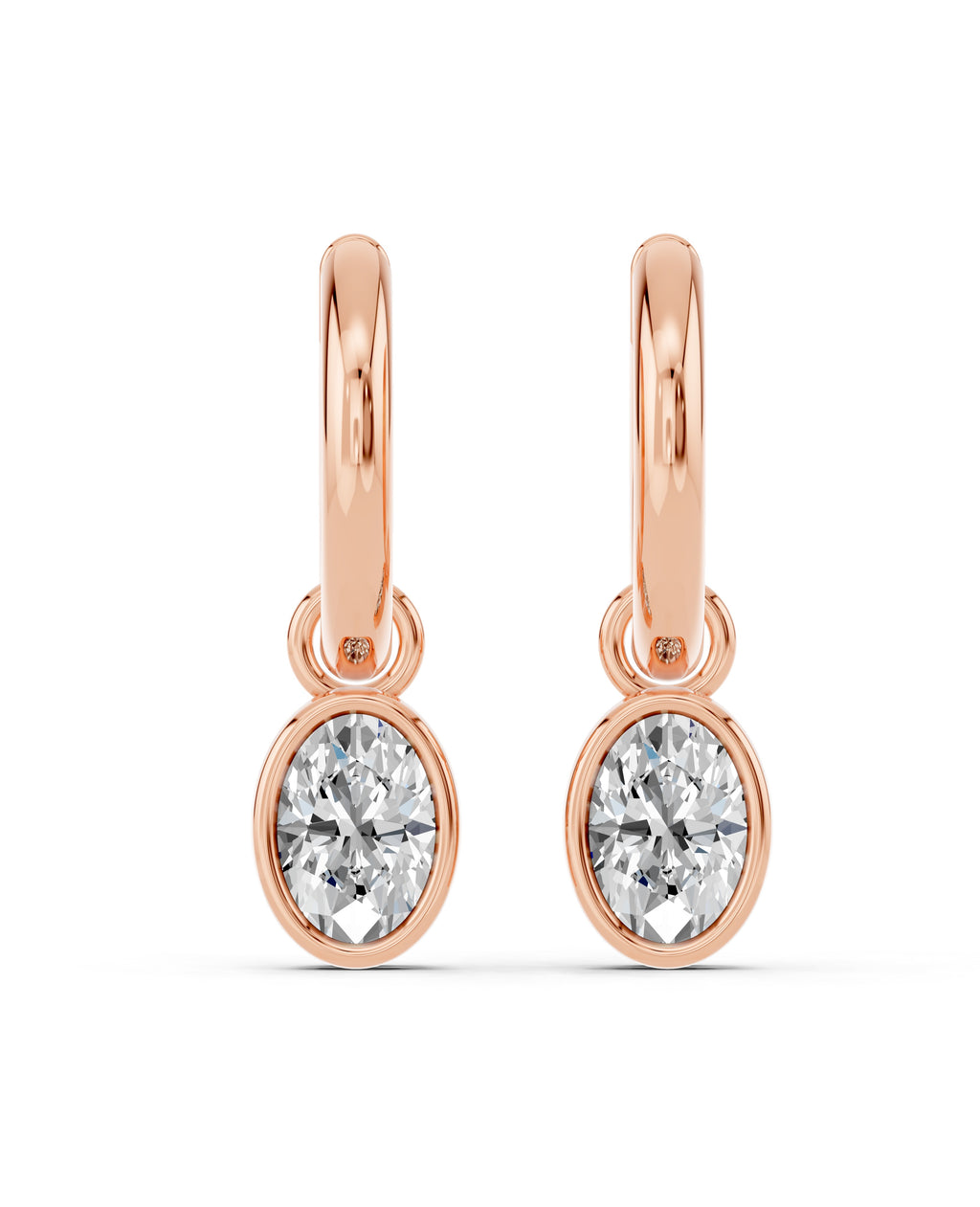 Oval Bezel Lab-Grown Diamond Dangle Huggie Earrings in rose gold, view 2 | E041-M09