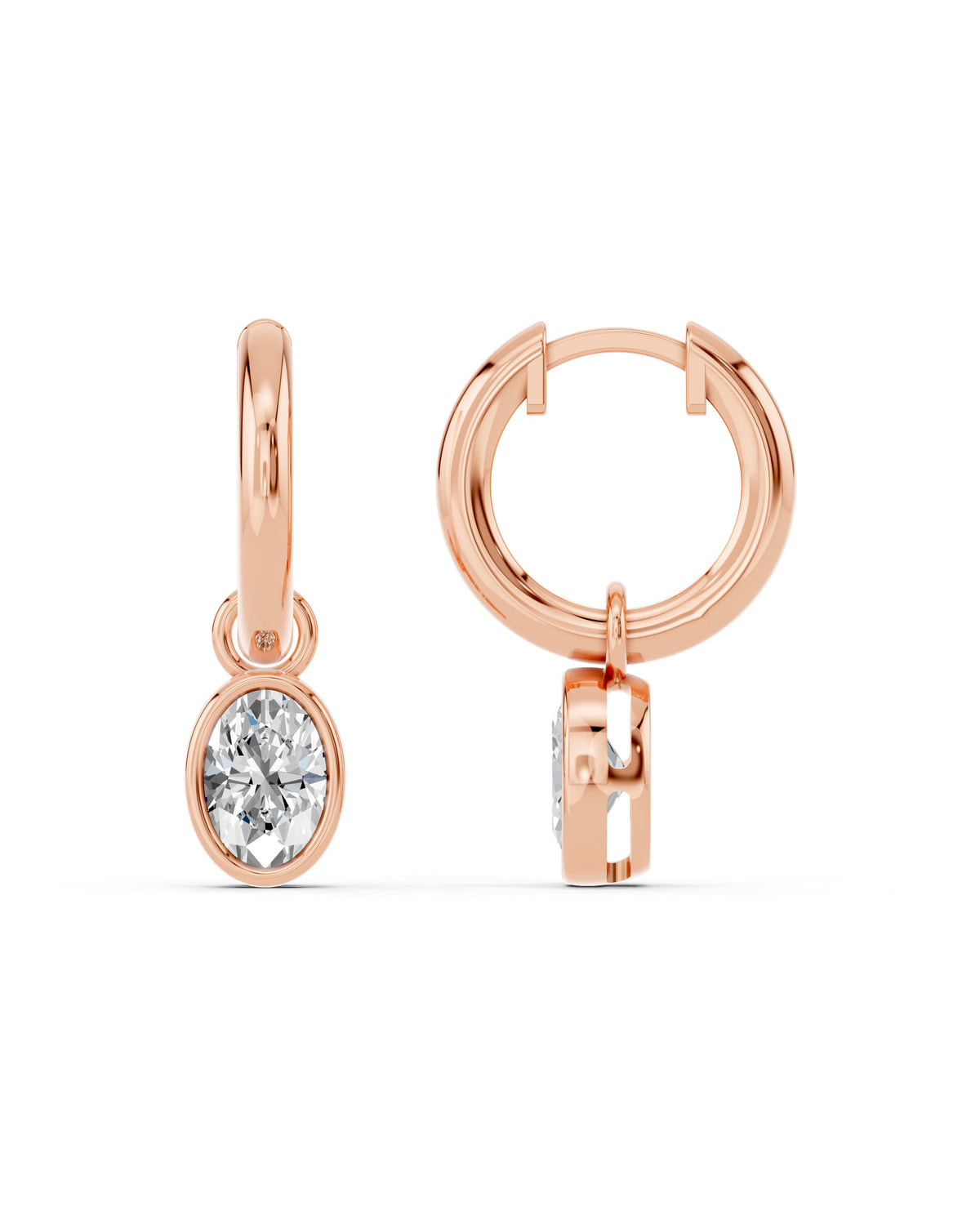 Oval Bezel Lab-Grown Diamond Dangle Huggie Earrings in rose gold, view 3 | E041-M10