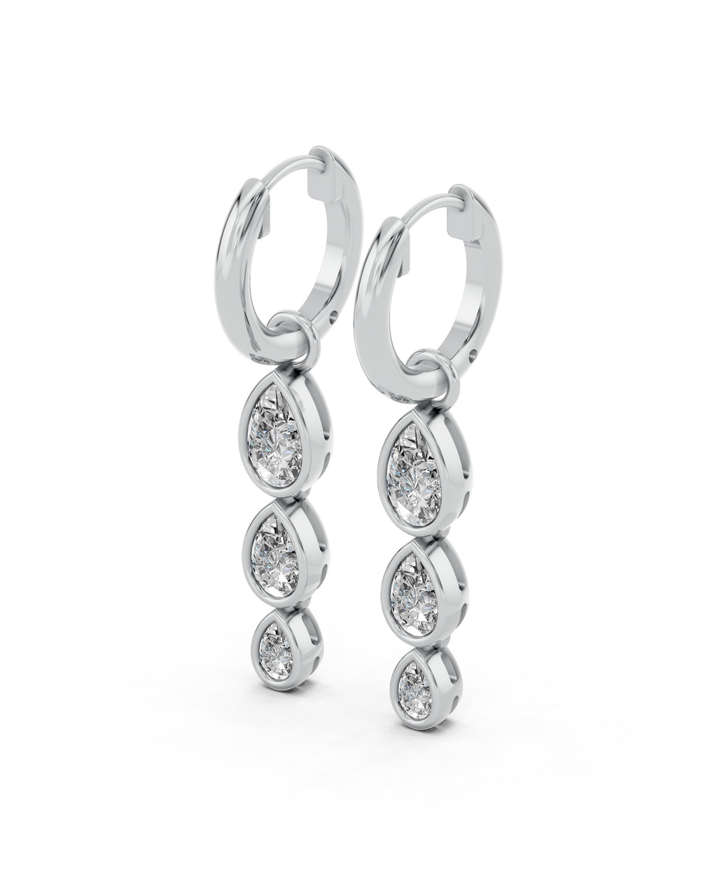 Triple Pear Bezel Lab-Grown Diamond Dangle Huggie Earrings in white gold, view 1 | E043-M01
