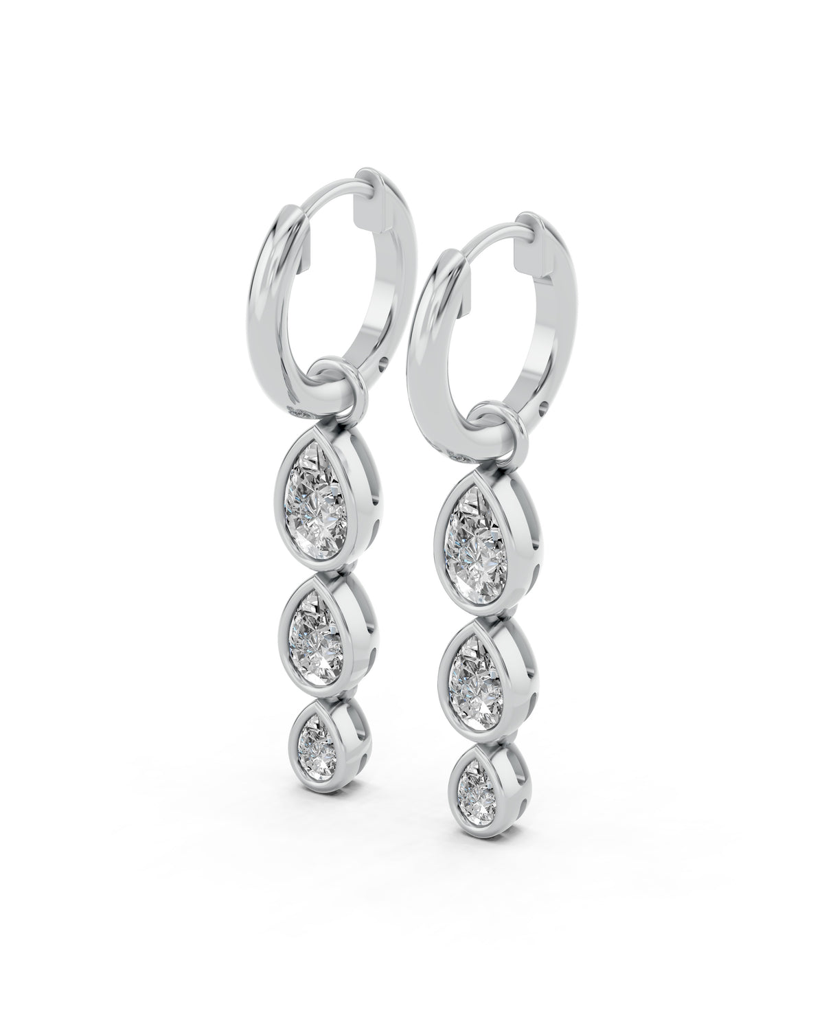 Triple Pear Bezel Lab-Grown Diamond Dangle Huggie Earrings in white gold, view 1 | E043-M01