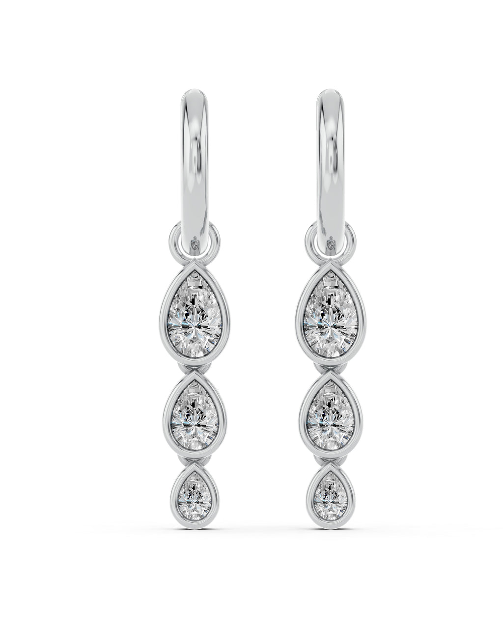Triple Pear Bezel Lab-Grown Diamond Dangle Huggie Earrings in white gold, view 2 | E043-M02