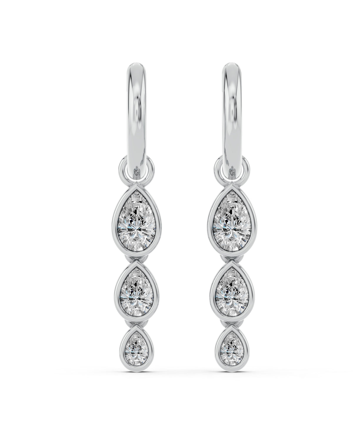 Triple Pear Bezel Lab-Grown Diamond Dangle Huggie Earrings in white gold, view 2 | E043-M02