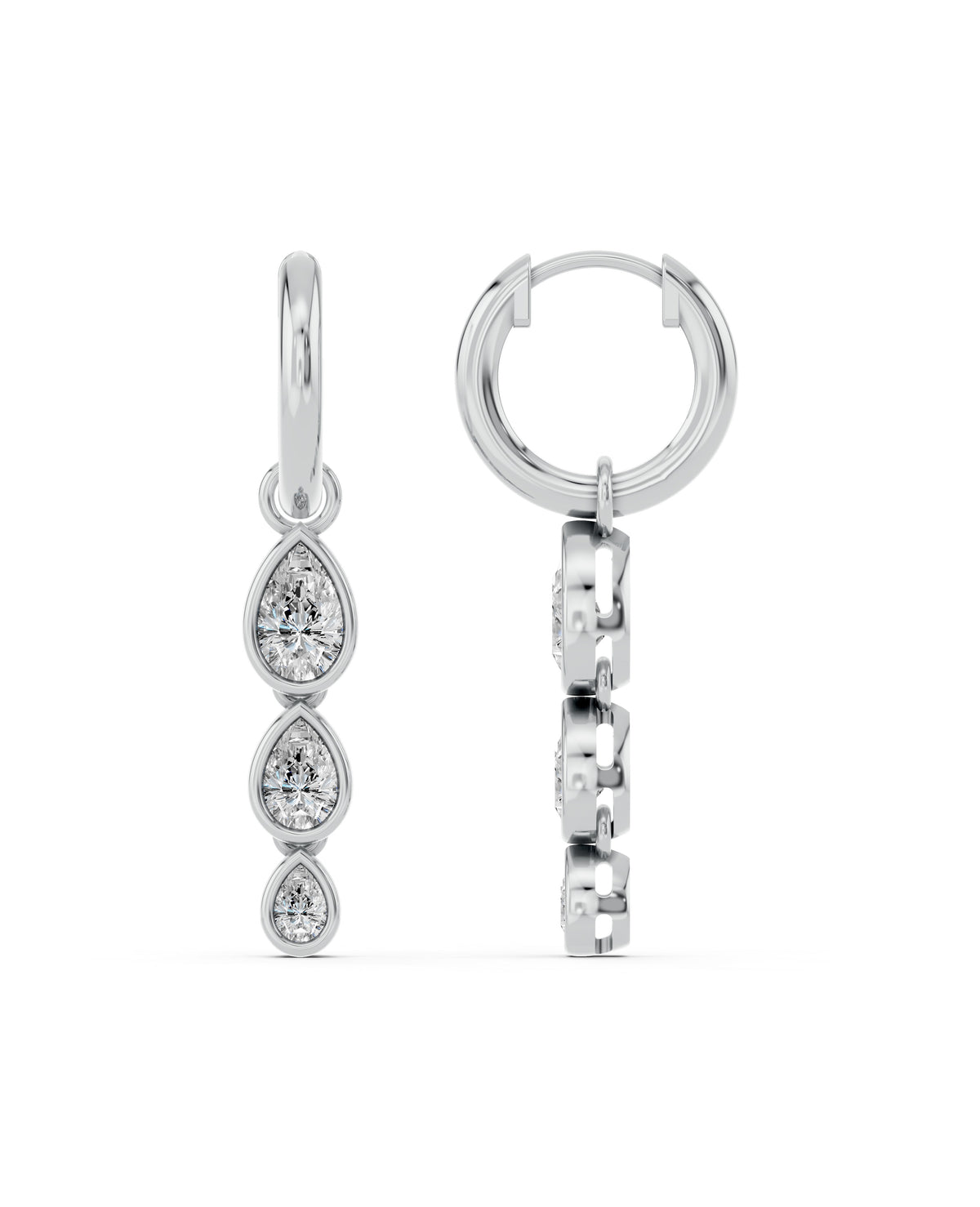 Triple Pear Bezel Lab-Grown Diamond Dangle Huggie Earrings in white gold, view 3 | E043-M03