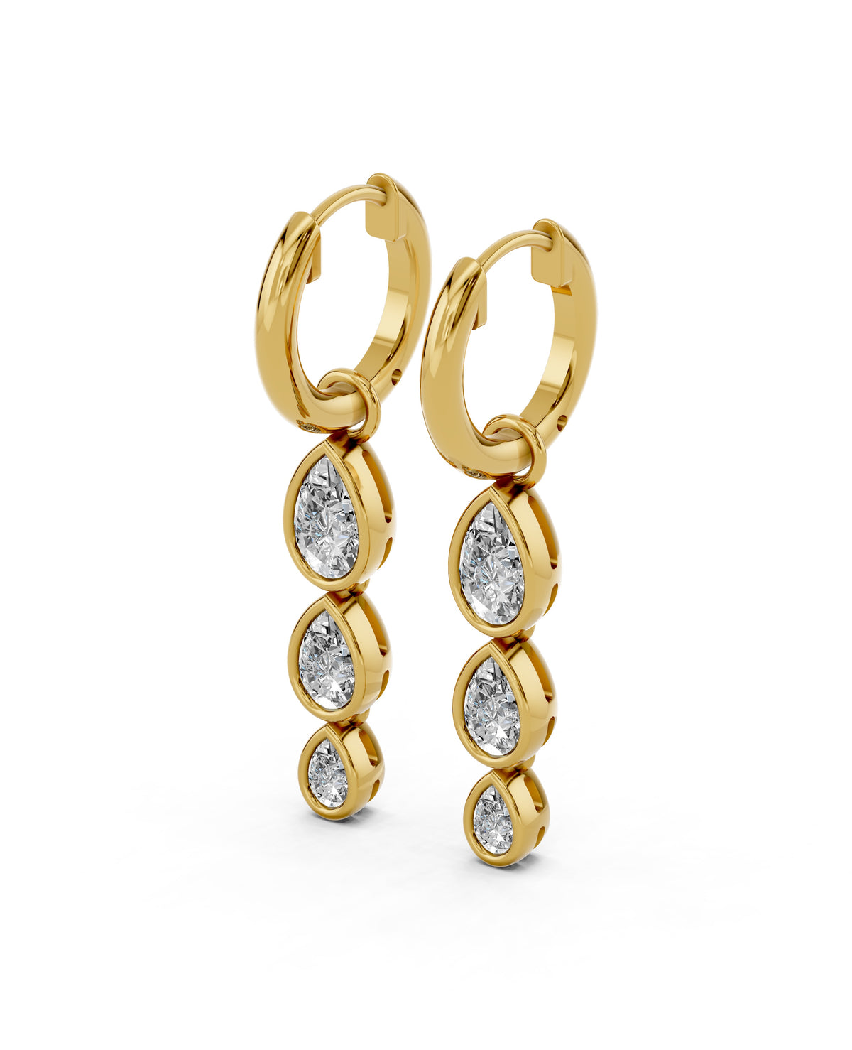 Triple Pear Bezel Lab-Grown Diamond Dangle Huggie Earrings in yellow gold, view 1 | E043-M05