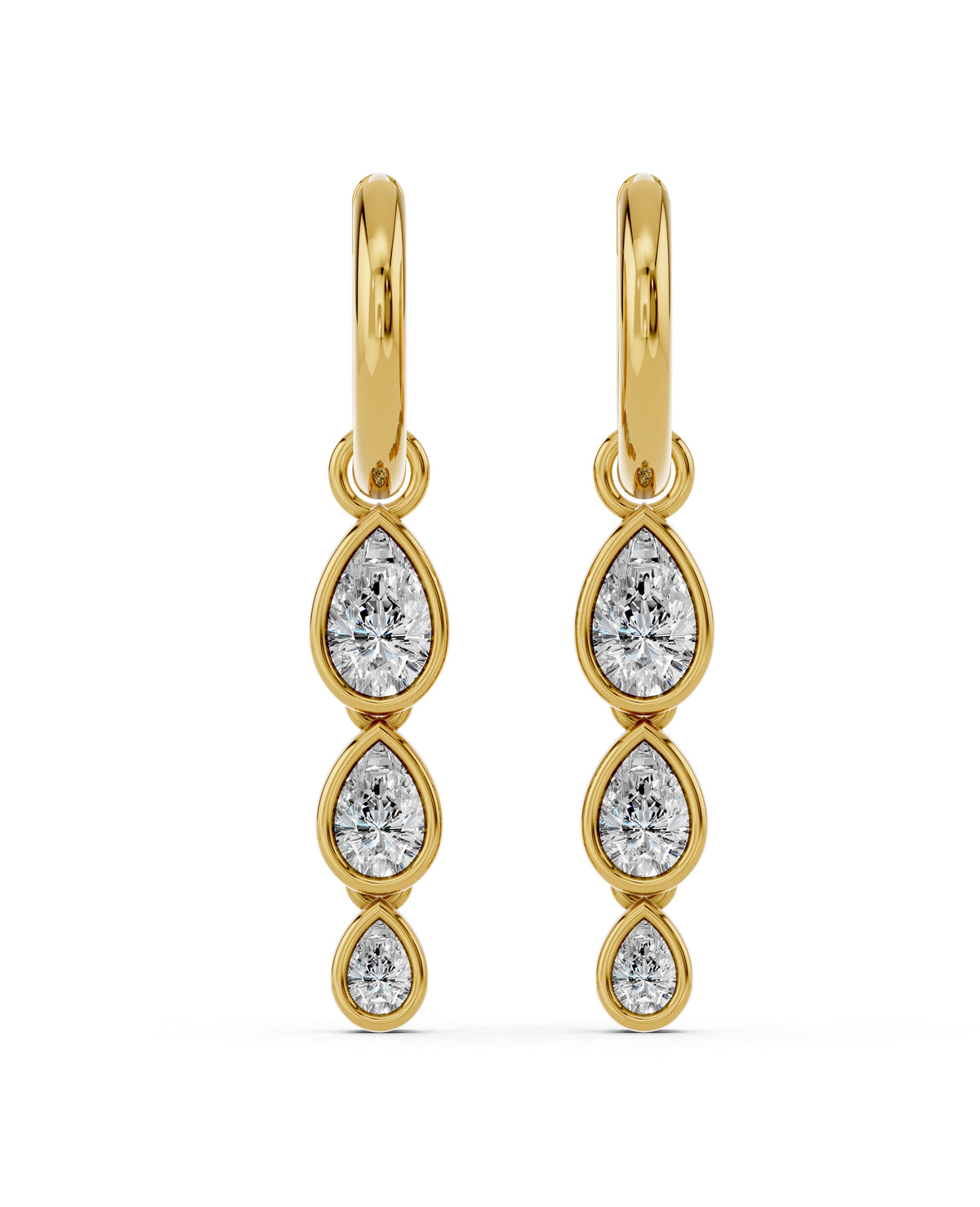 Triple Pear Bezel Lab-Grown Diamond Dangle Huggie Earrings in yellow gold, view 2 | E043-M06