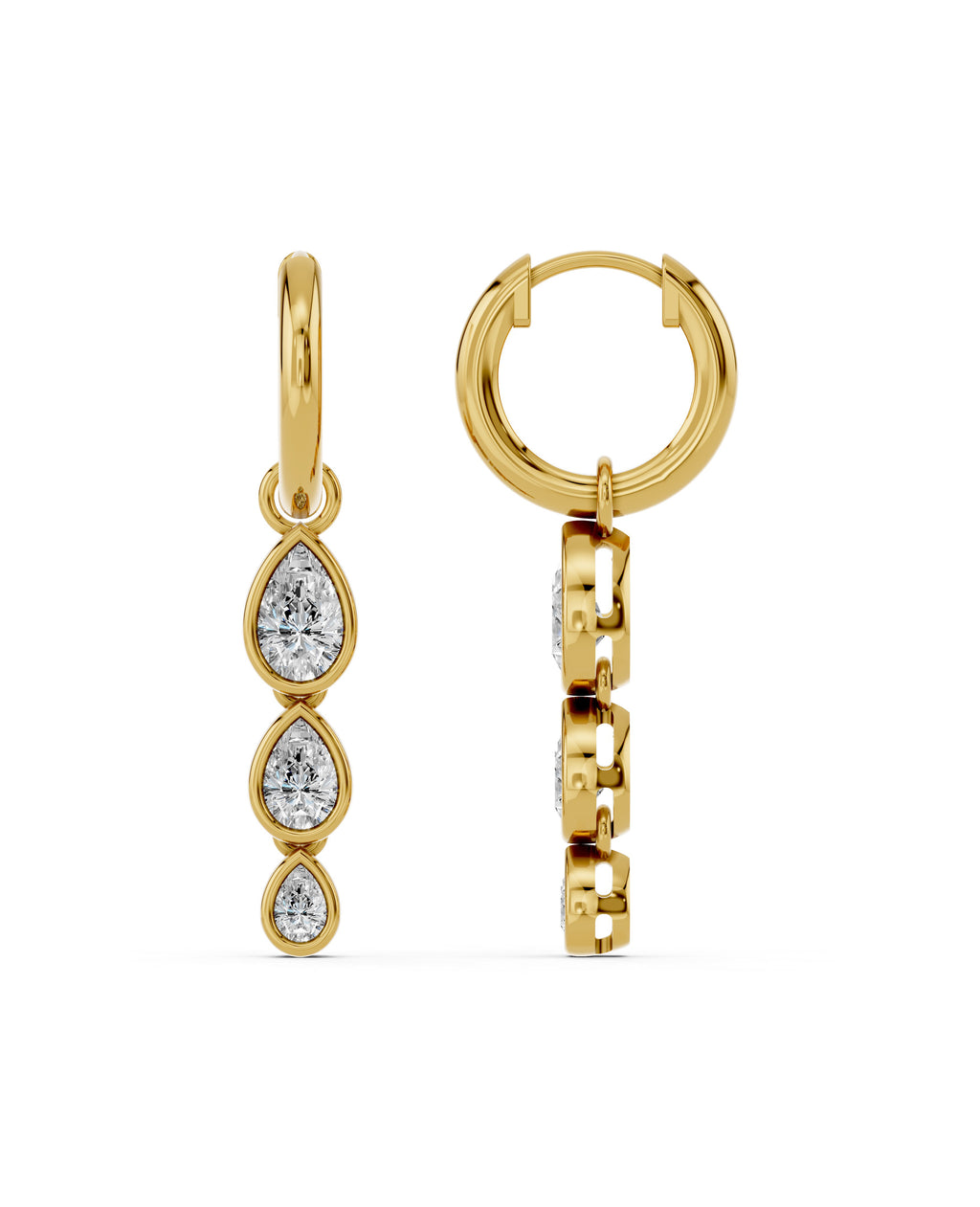 Triple Pear Bezel Lab-Grown Diamond Dangle Huggie Earrings in yellow gold, view 3 | E043-M07