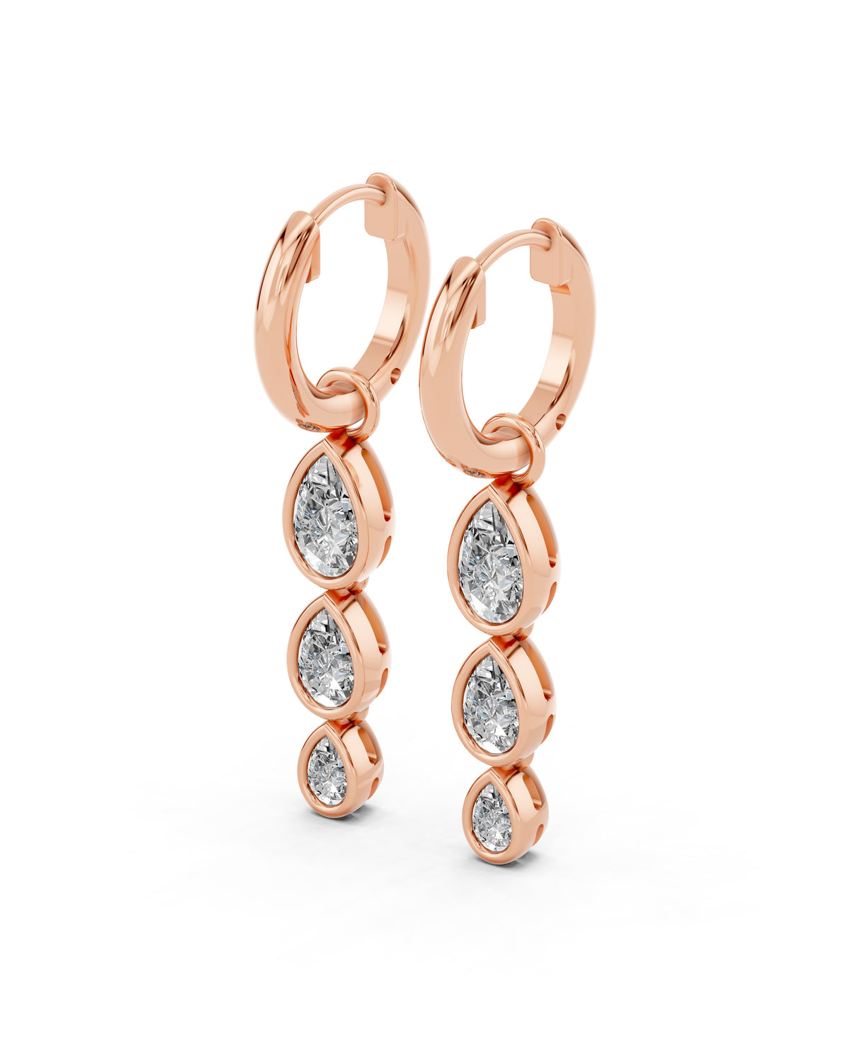 Triple Pear Bezel Lab-Grown Diamond Dangle Huggie Earrings in rose gold, view 1 | E043-M08