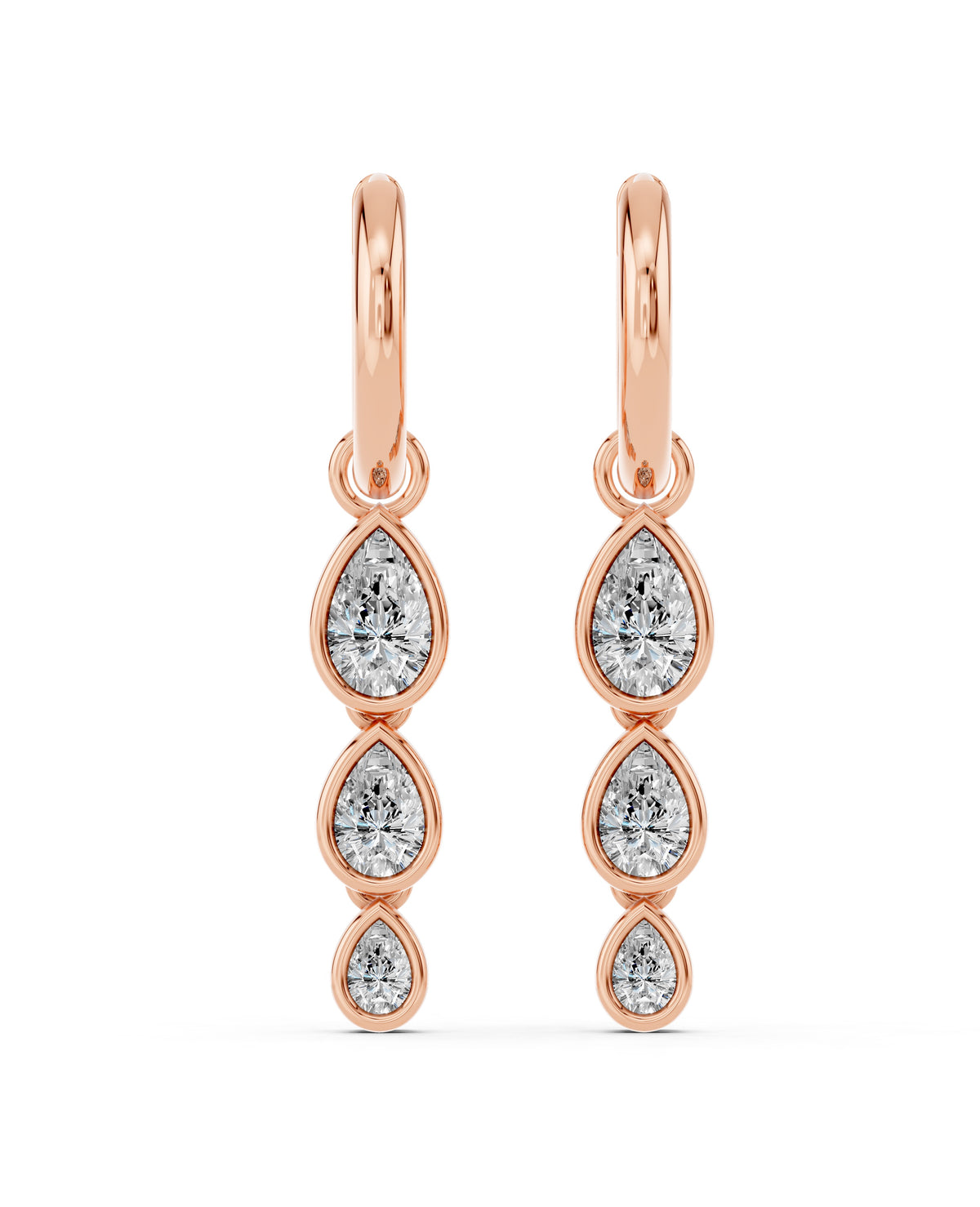 Triple Pear Bezel Lab-Grown Diamond Dangle Huggie Earrings in rose gold, view 2 | E043-M09