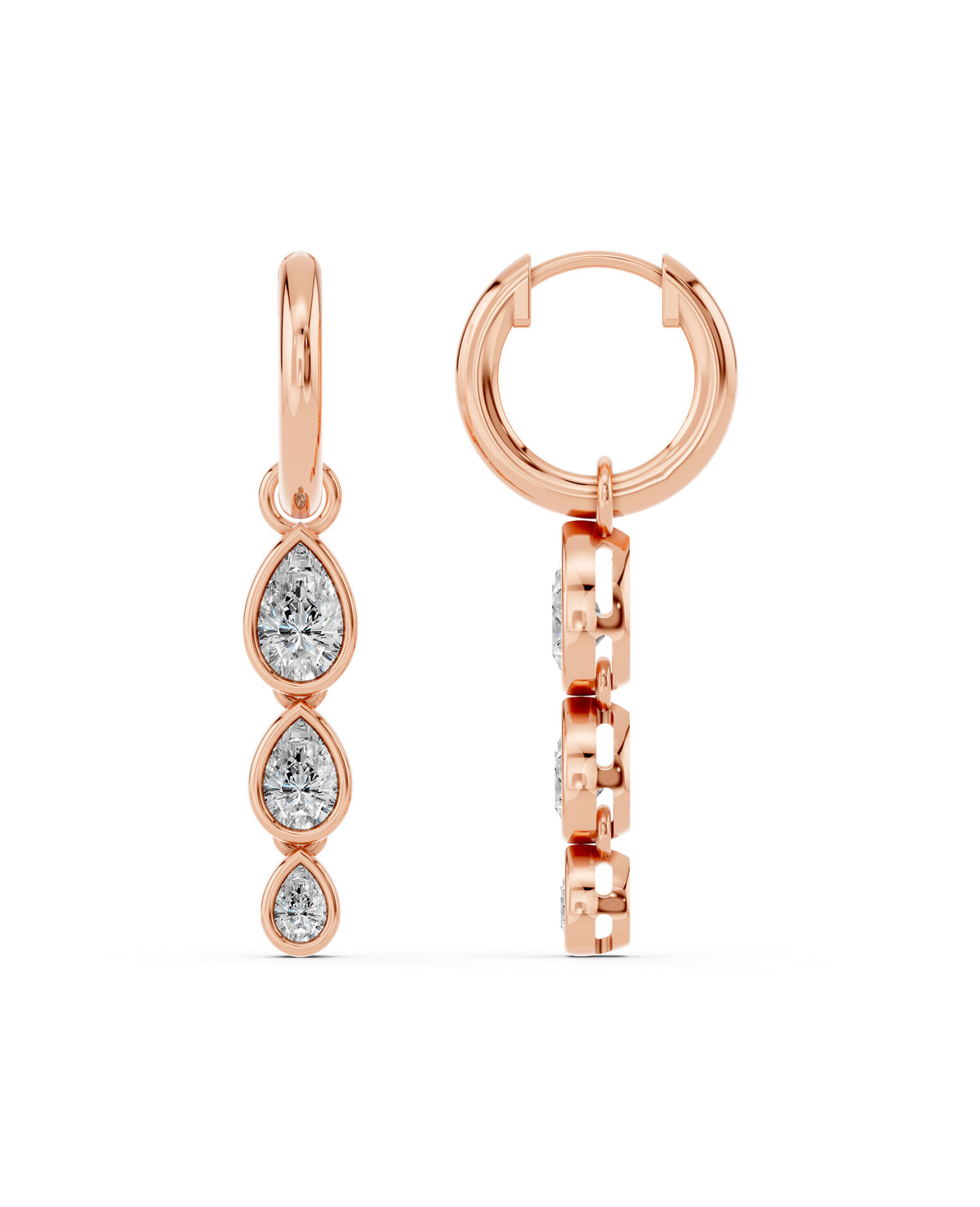 Triple Pear Bezel Lab-Grown Diamond Dangle Huggie Earrings in rose gold, view 3 | E043-M10