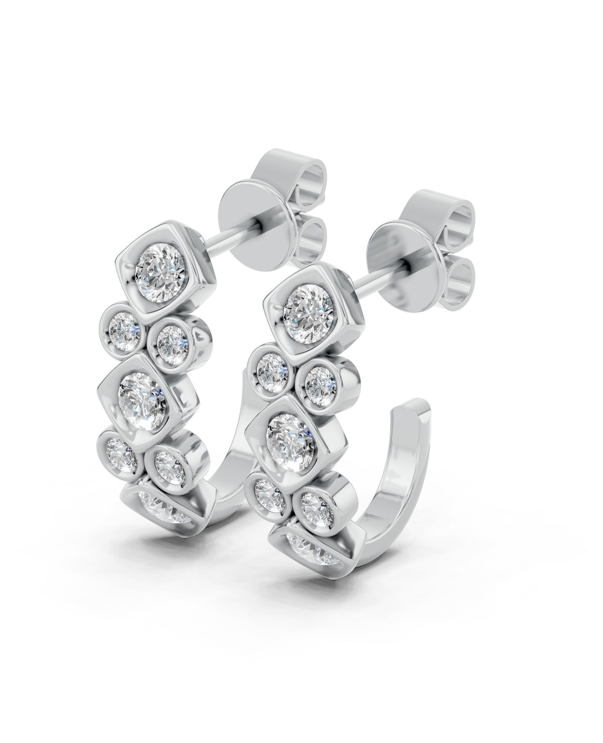 Geometric Bezel Lab-Grown Diamond J-Hoop Earrings in white gold, view 1 | E045-M01